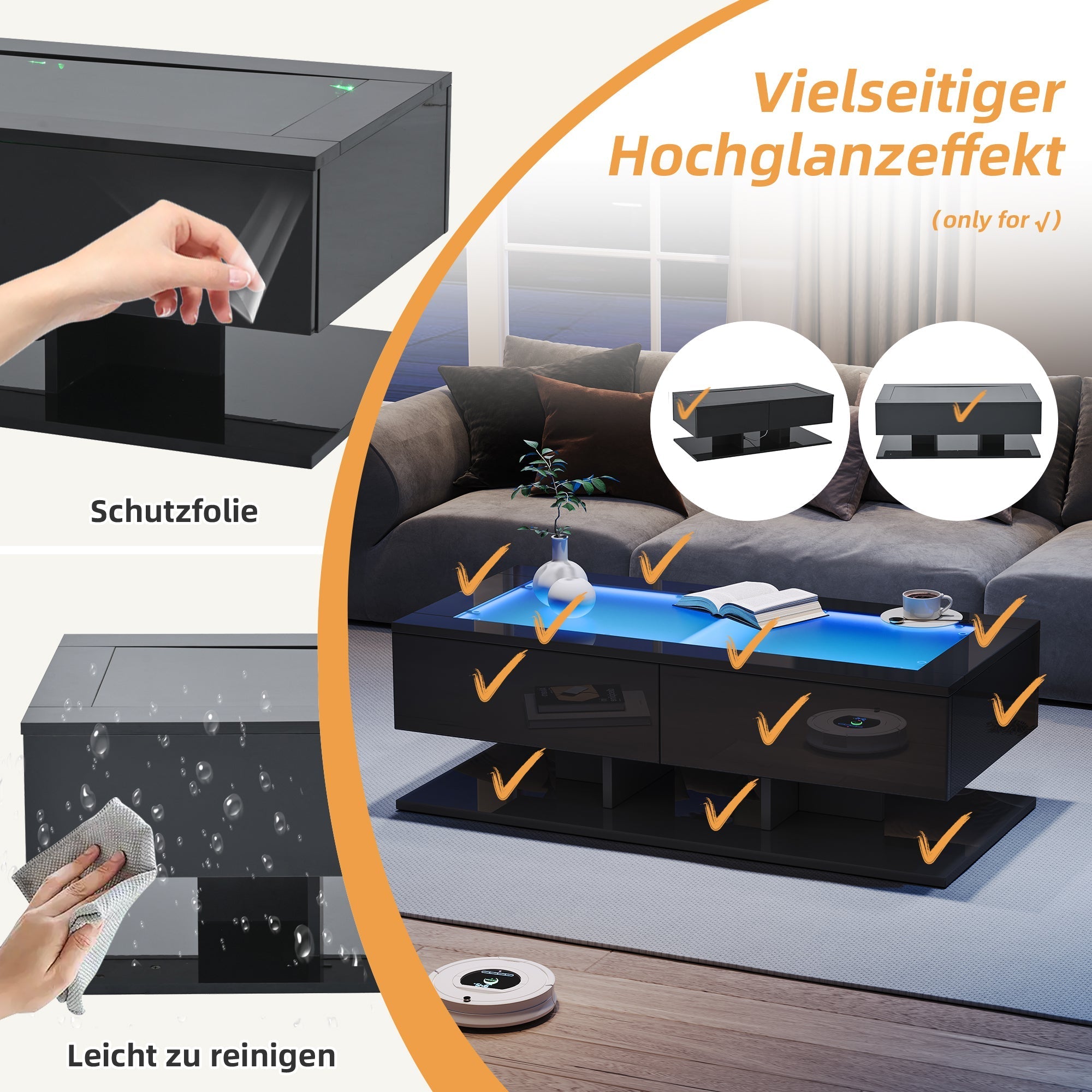 Coffee Table with Drawers, LED Light, Glass Top, Black