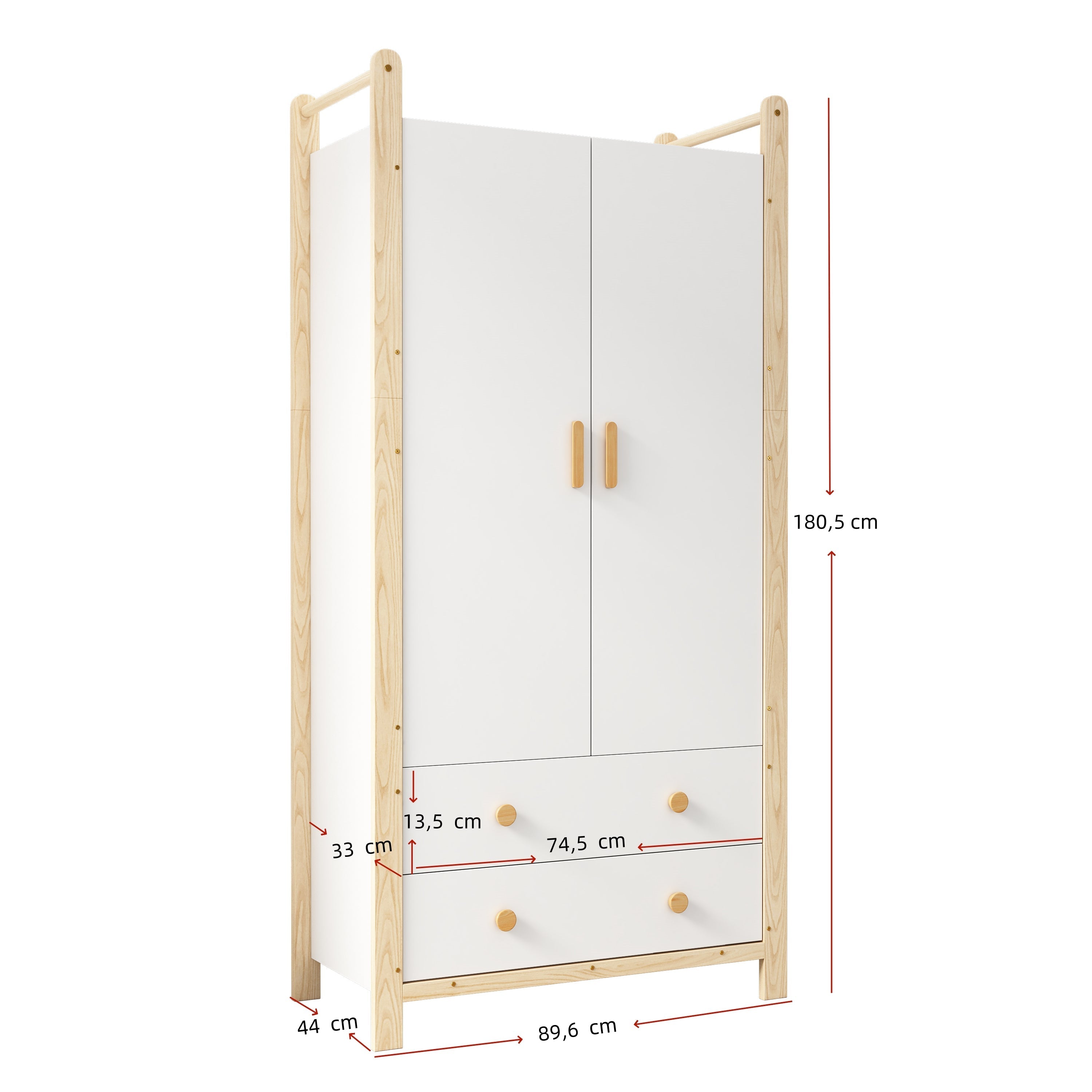 2-Door Wardrobe with Clothes Rail & 2 Drawers, 90x45x180 cm - White/Pine