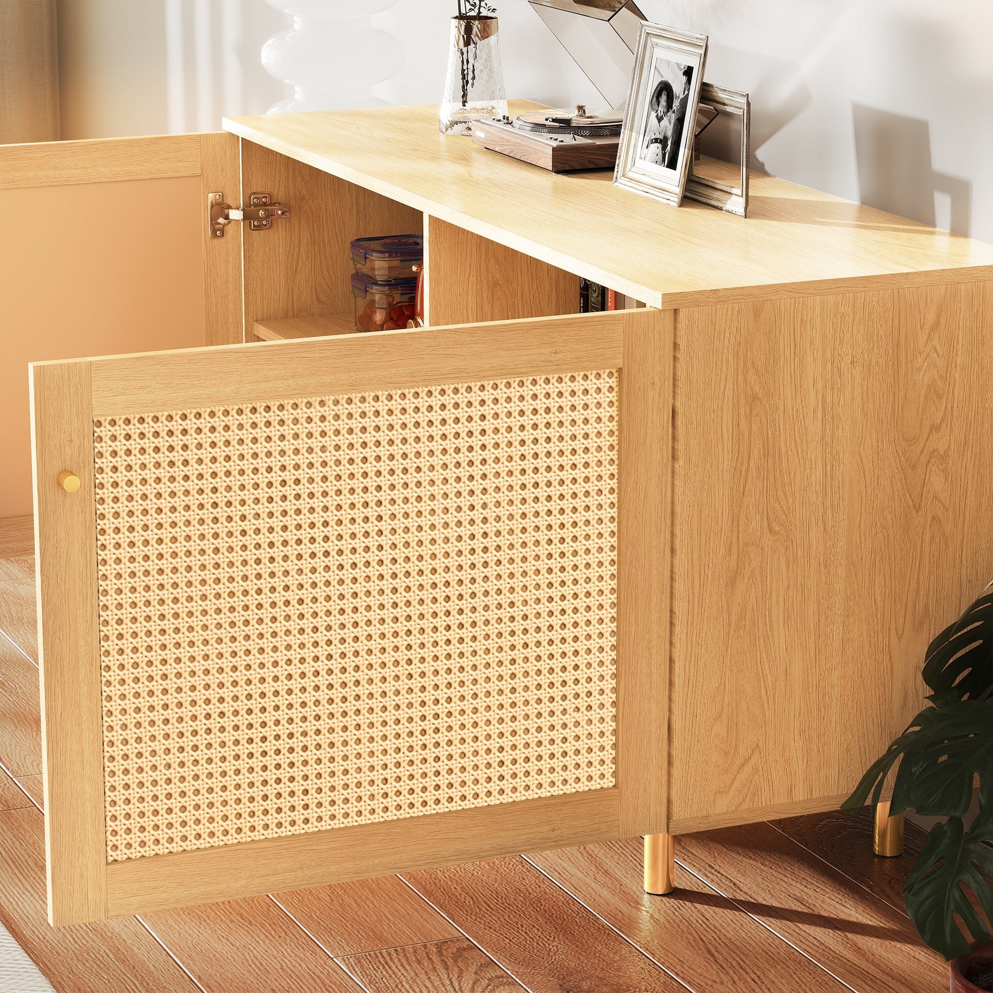 Wicker Sideboard Double-Door Storage Cabinet 120cm Natural Wood Look