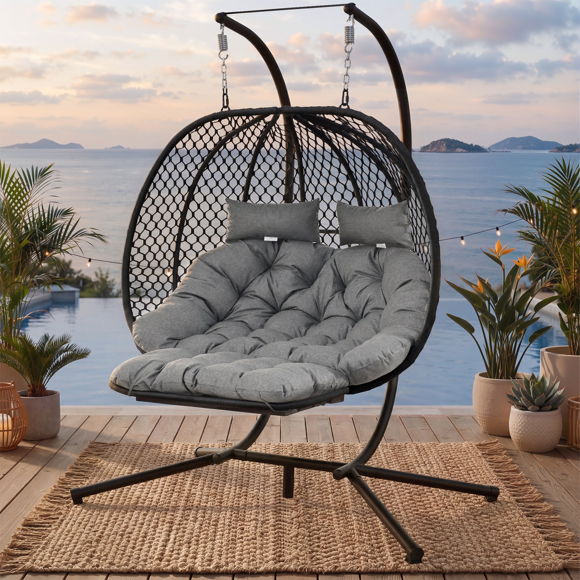 Double Egg-Shaped Hanging Chair with Stand, Seat Cushion, Pillow and Footrest, Grey Metal