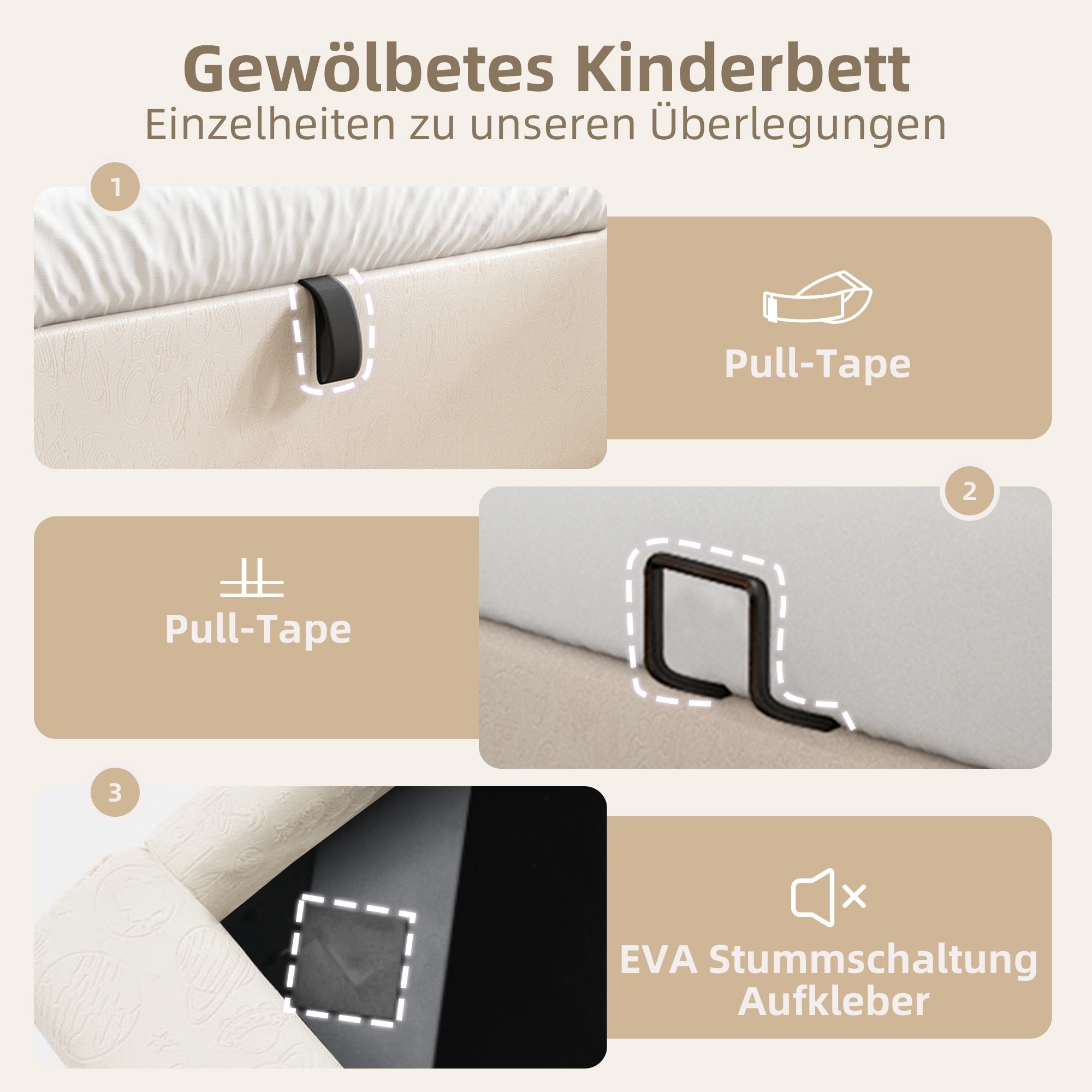 Children's Upholstered Bed, Single with Cosmic Pattern, 90x200cm, Beige PU
