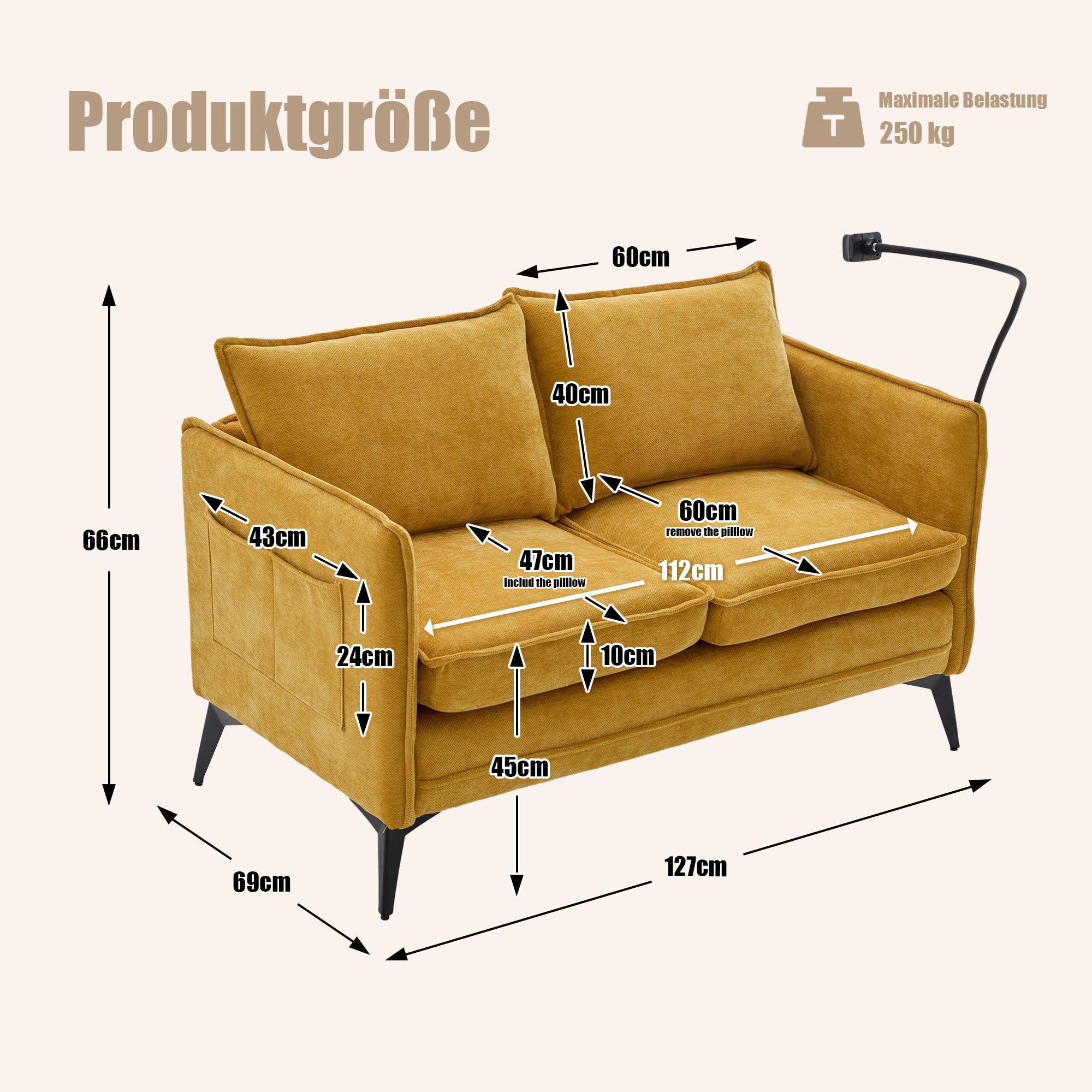 Modern Double Sofa with Storage Side Pocket and Adjustable Phone Holder, Fabric