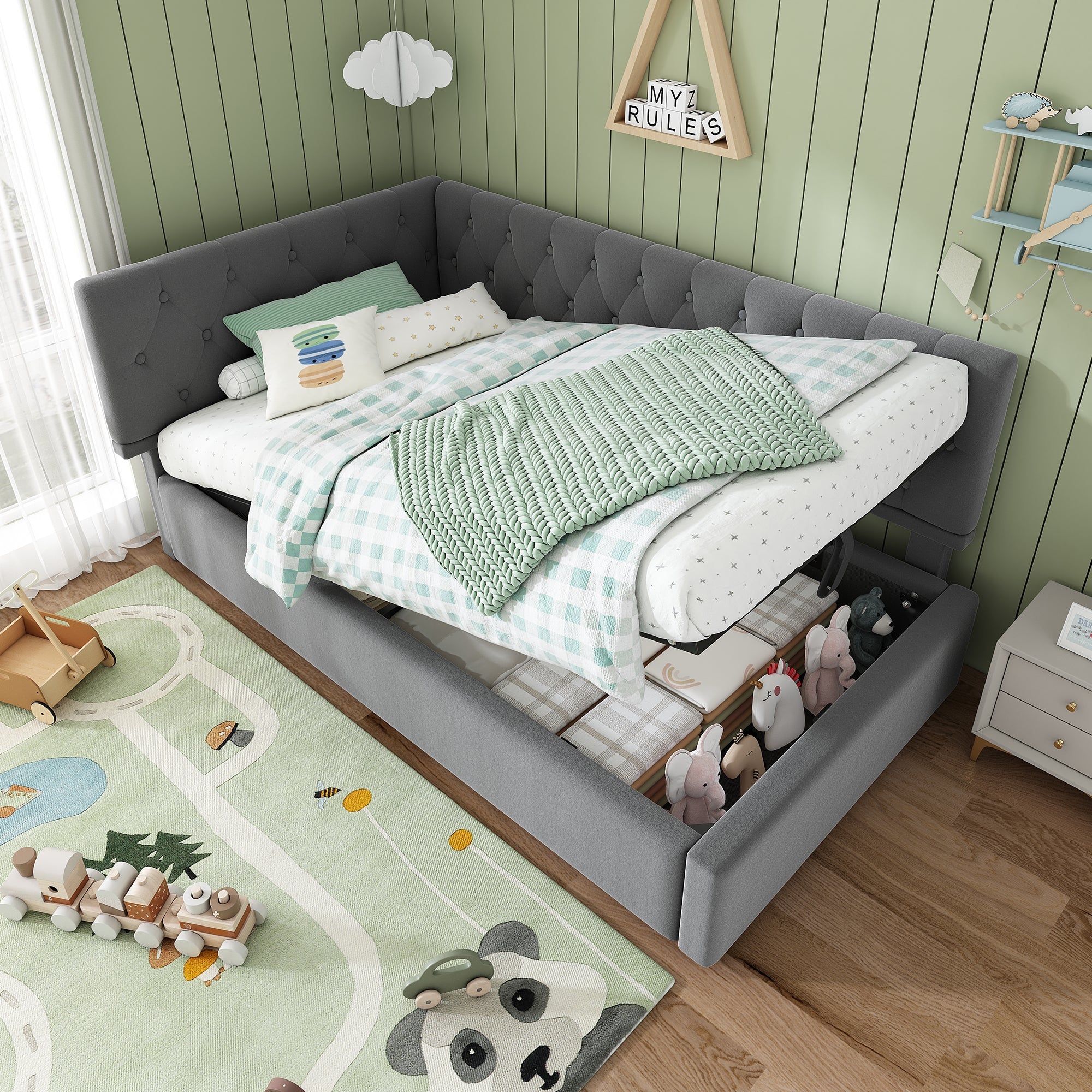 Daybed Upholstered Bed with Storage, 3FT Single Sofa Bed, Hydraulic Storage, Metal Slatted Frame, Velvet, Grey