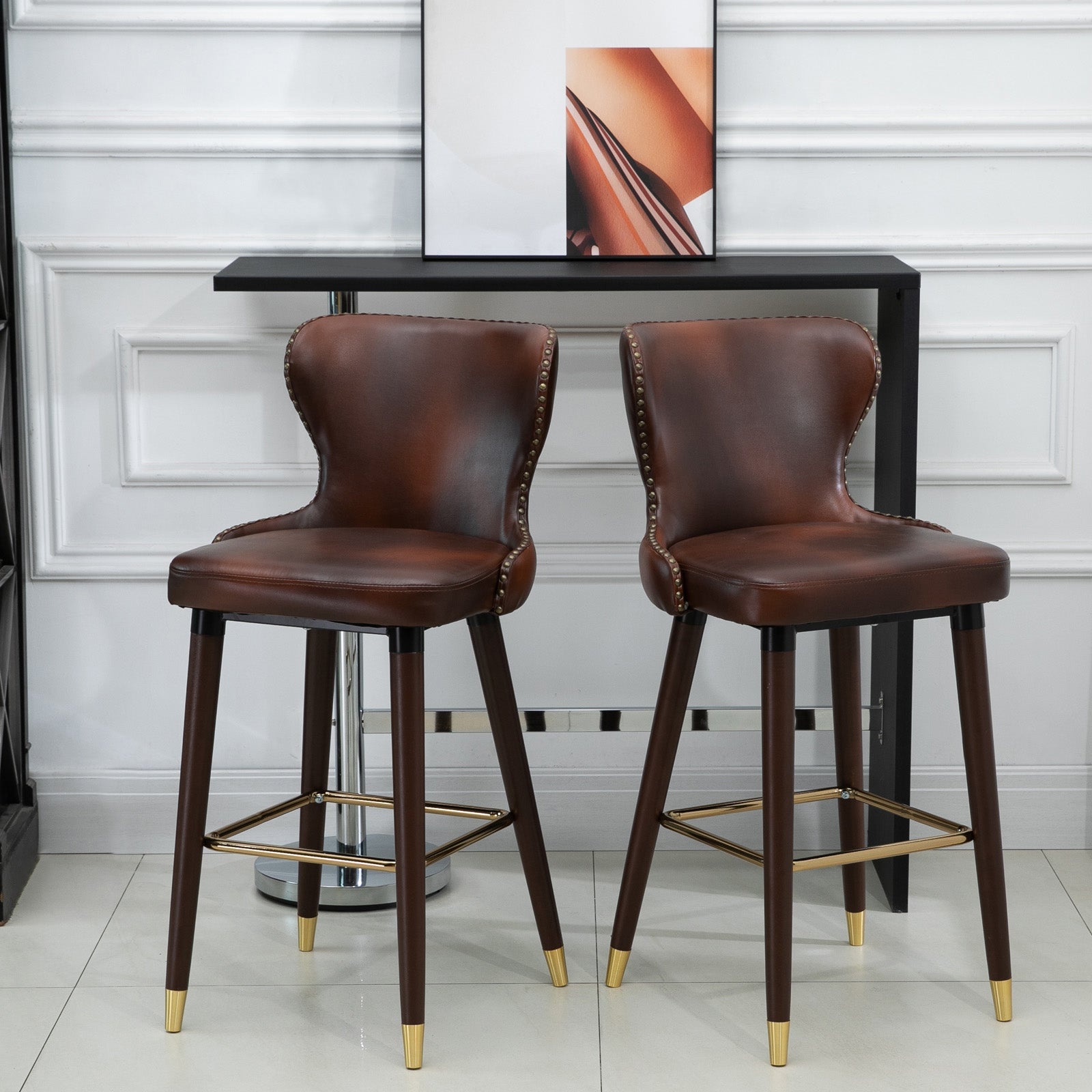 Bar Stools Set of 2, Counter-Height Kitchen Stools with Back, Brown PU Leather