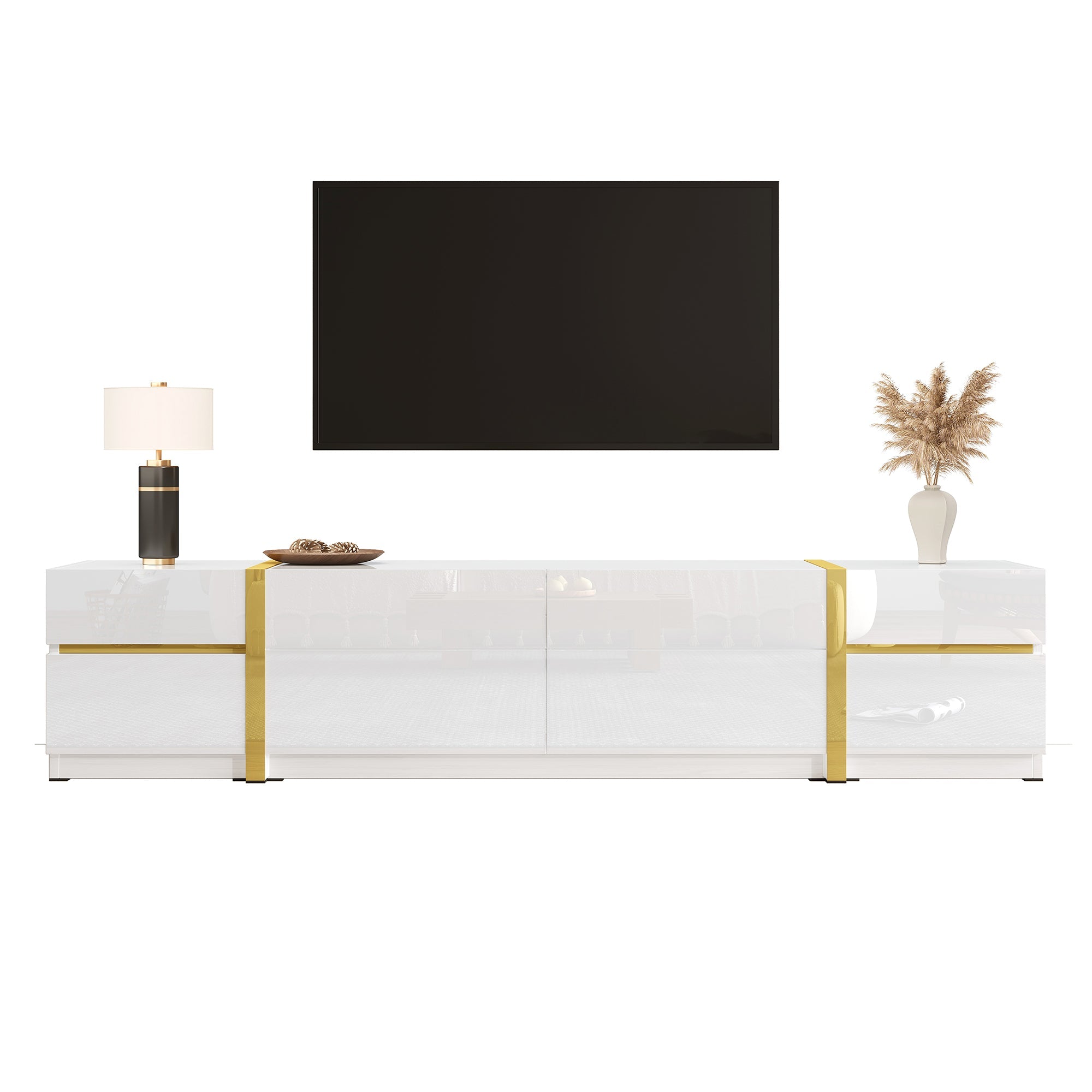 Luxurious TV Stand with Drawers and Doors, Modern Style, White High-Gloss and Gold
