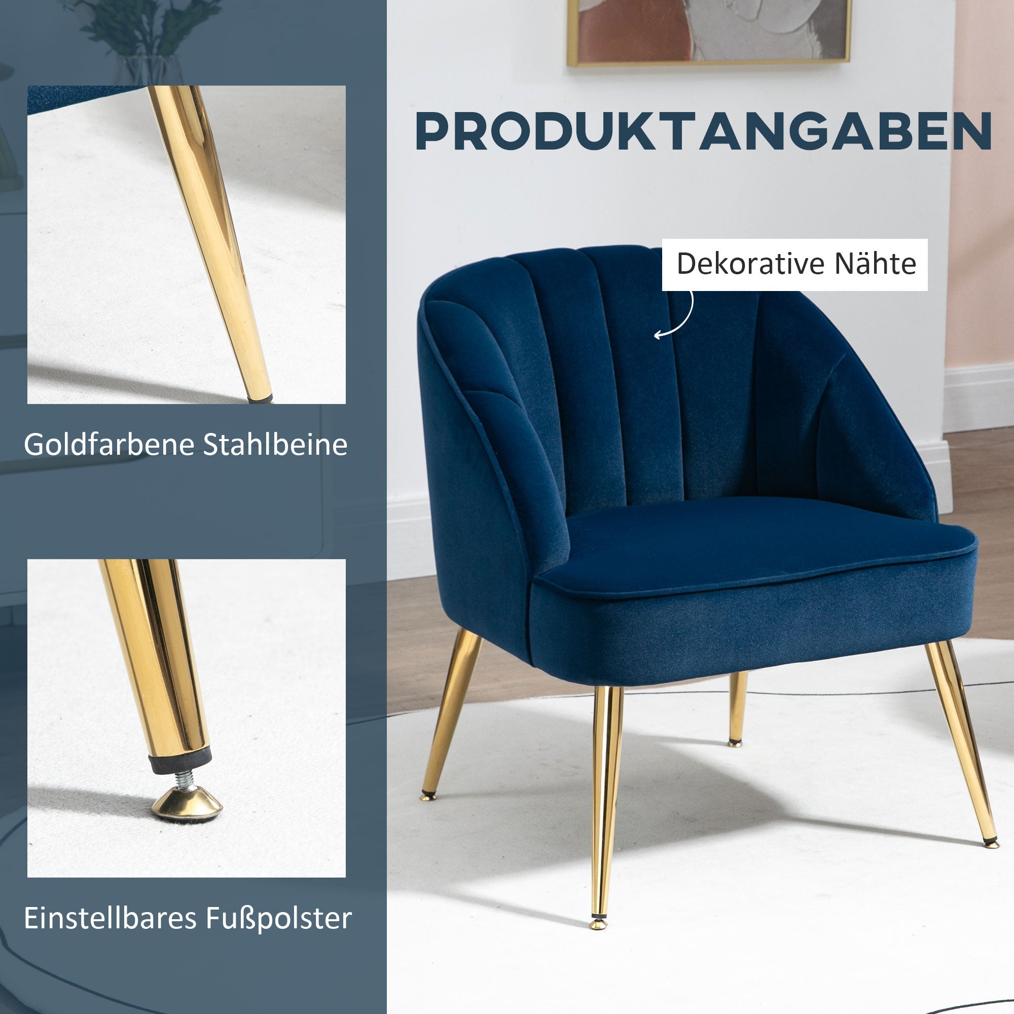 Wingback Armchair Lounge Recliner Steel Legs Velvet Look, Dark Blue
