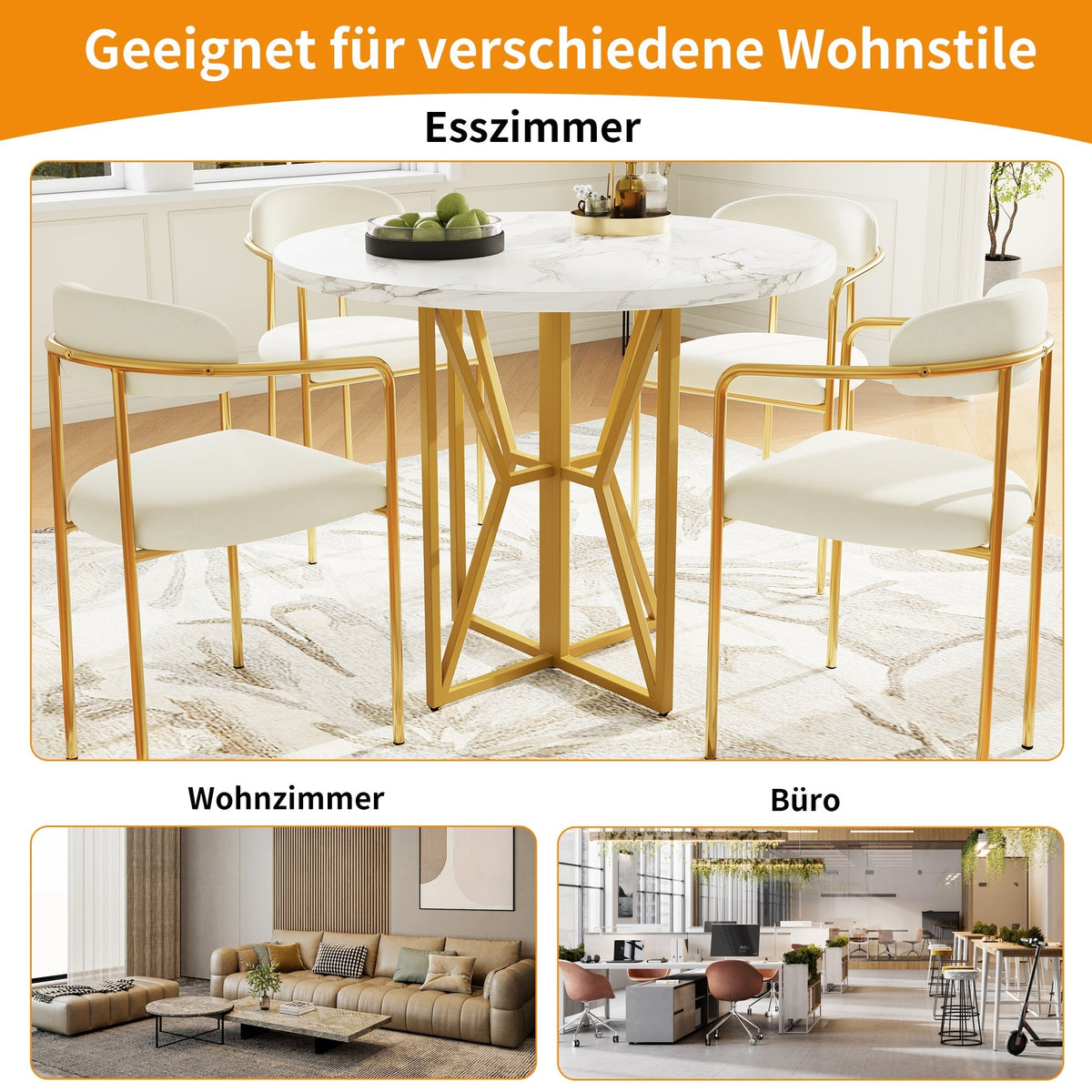 Round Dining Table 80cm 4-6 Seater Gold Legs - Marbled MDF