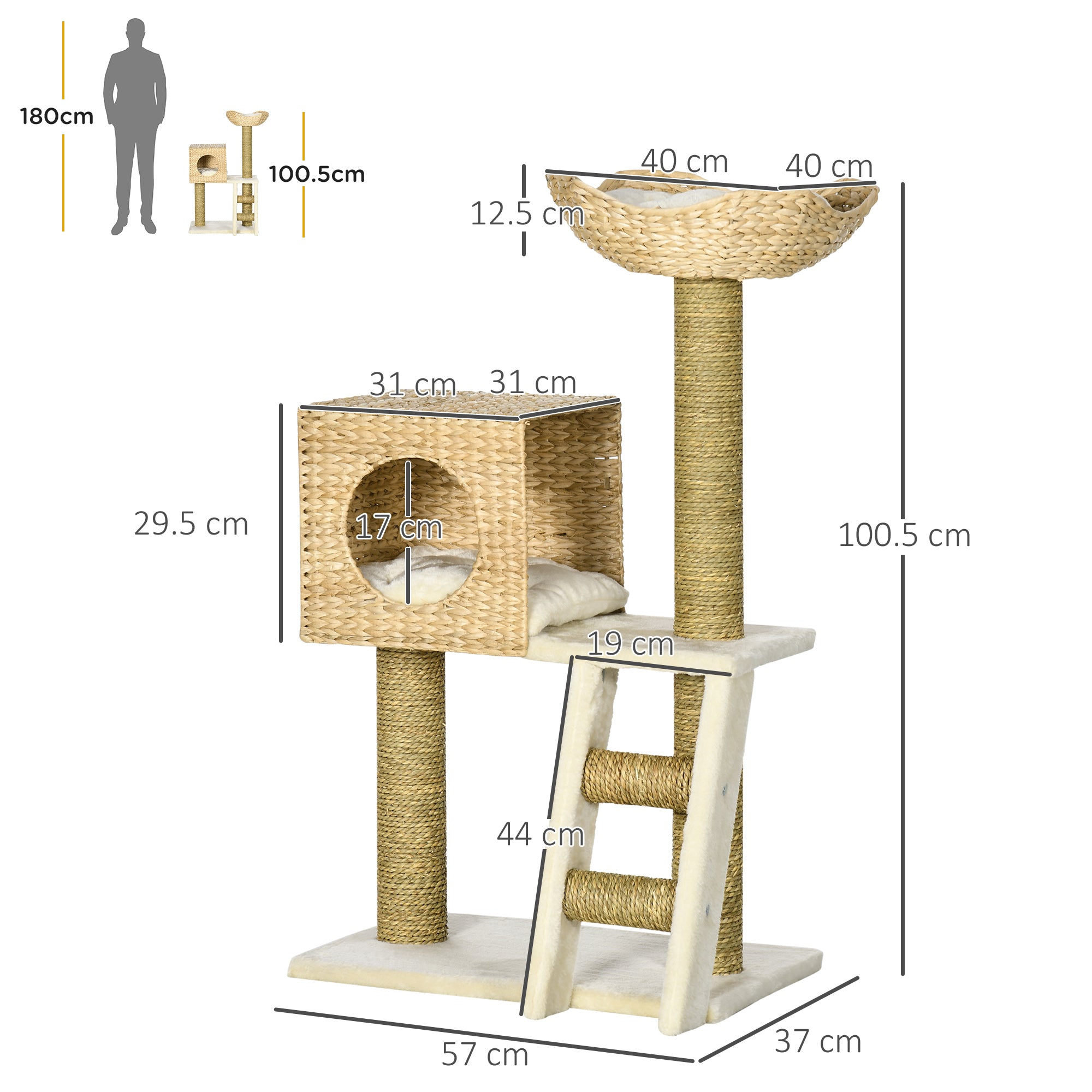 Katzenkratzbaum, 100,5 cm hoch, Katzenhöhle, Bett, Treppe, Sisal, Natur