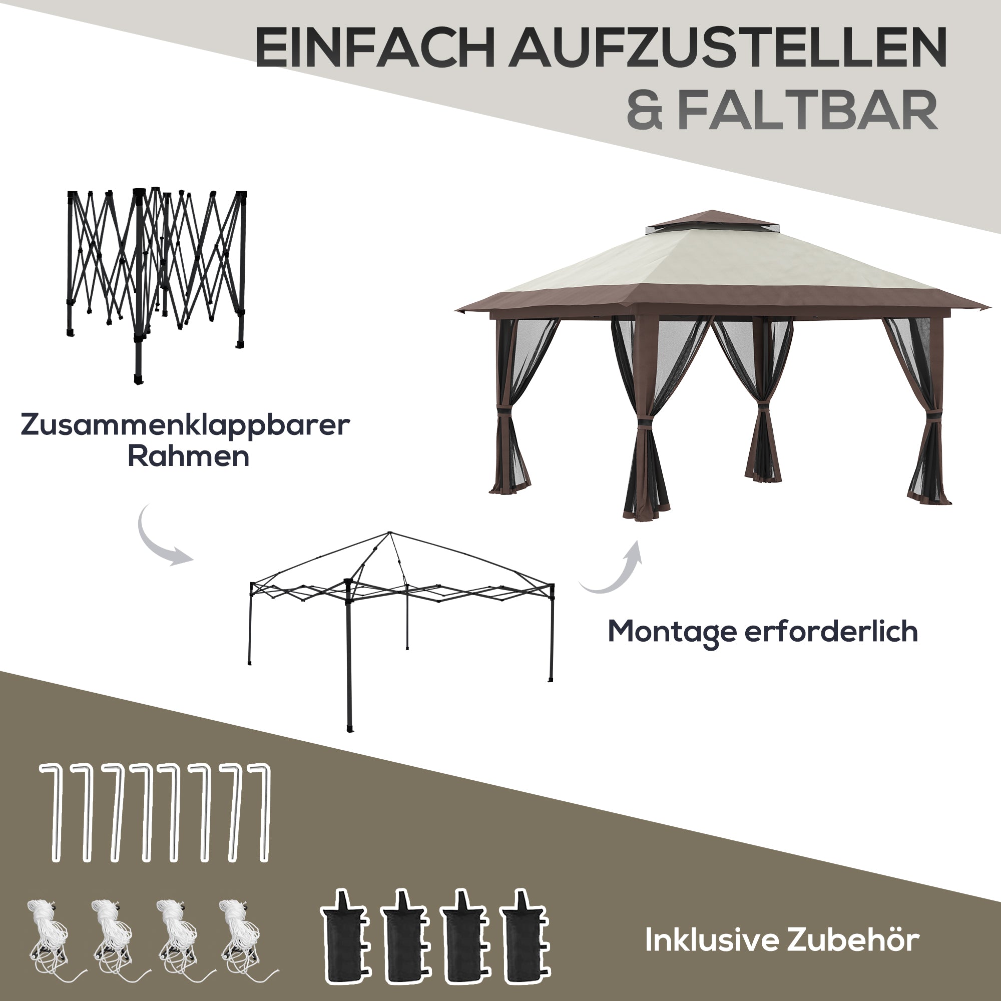 Folding Gazebo 4x4m Height Adjustable UV Protection Net Curtains Double Roof, Beige