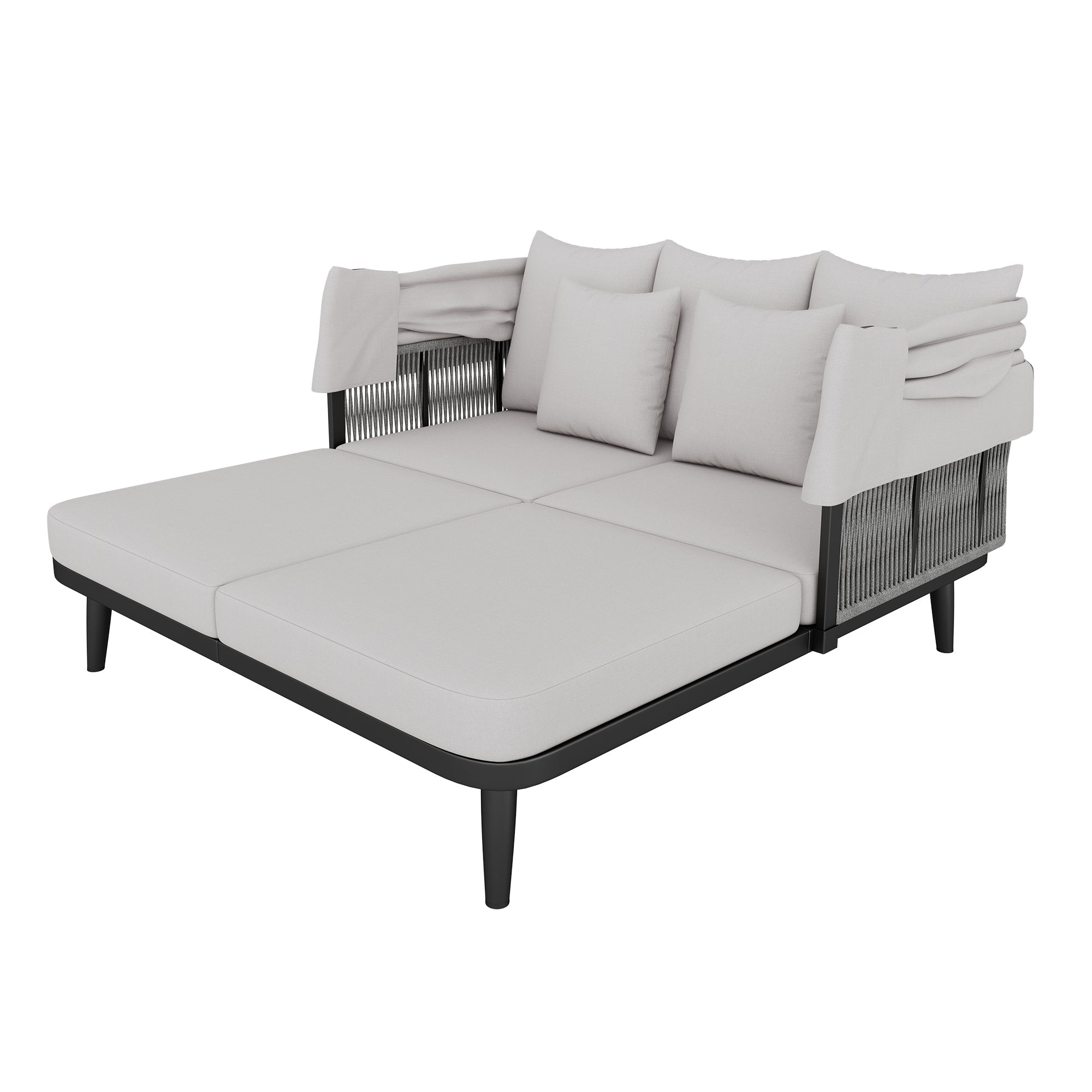 2-Person Garden Sun Lounger with Retractable Awning and Handwoven Rope, Grey