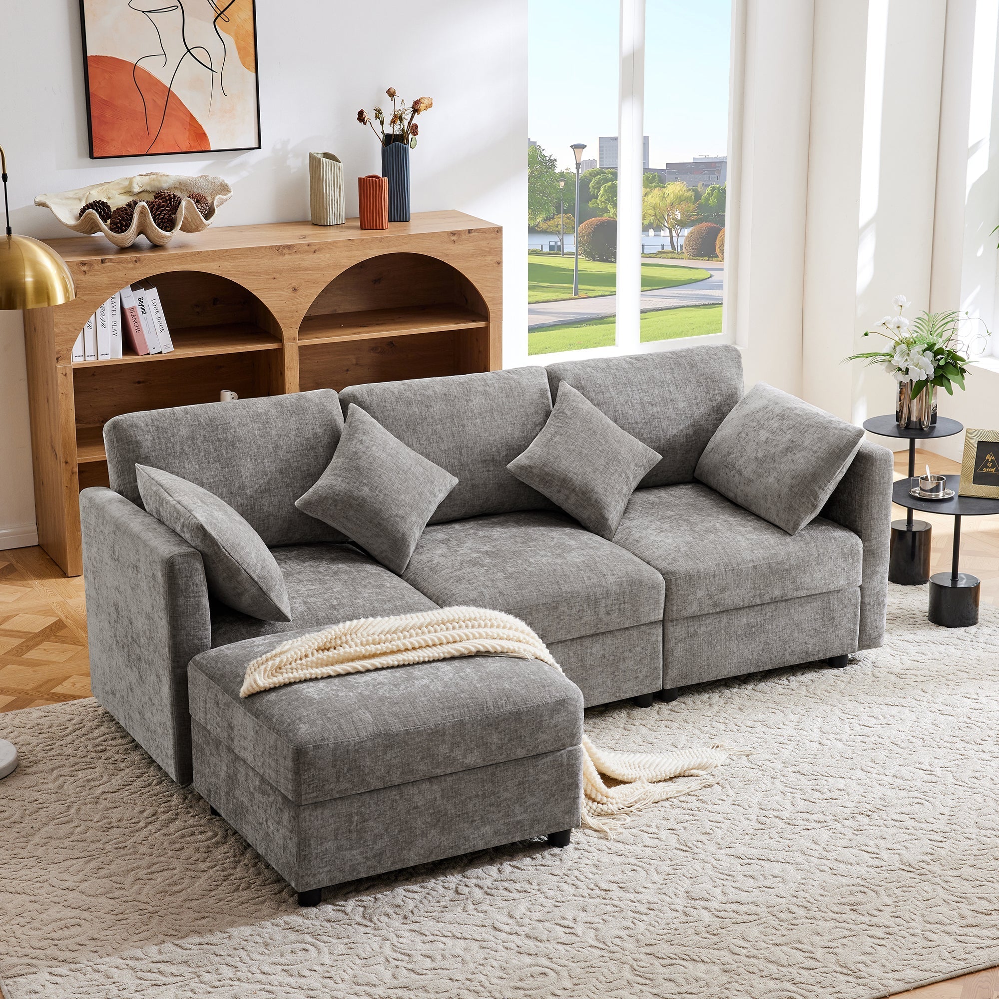 L-shaped Corner Sofa Bed 3-Seater Footstool Adjustable Armrests Chenille Gray