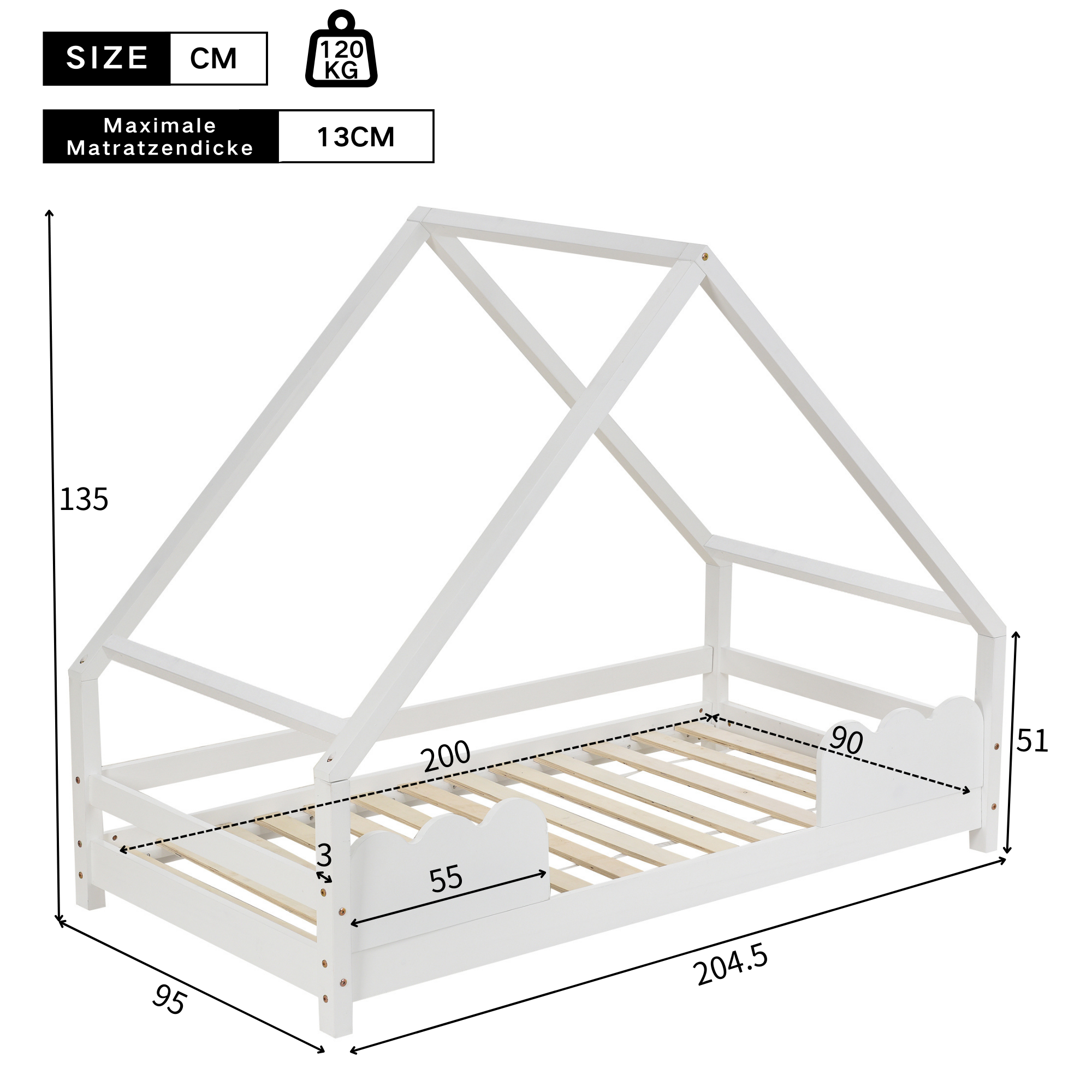Children's House Bed 90x200cm with Fall Protection, Solid Pine Wood, White