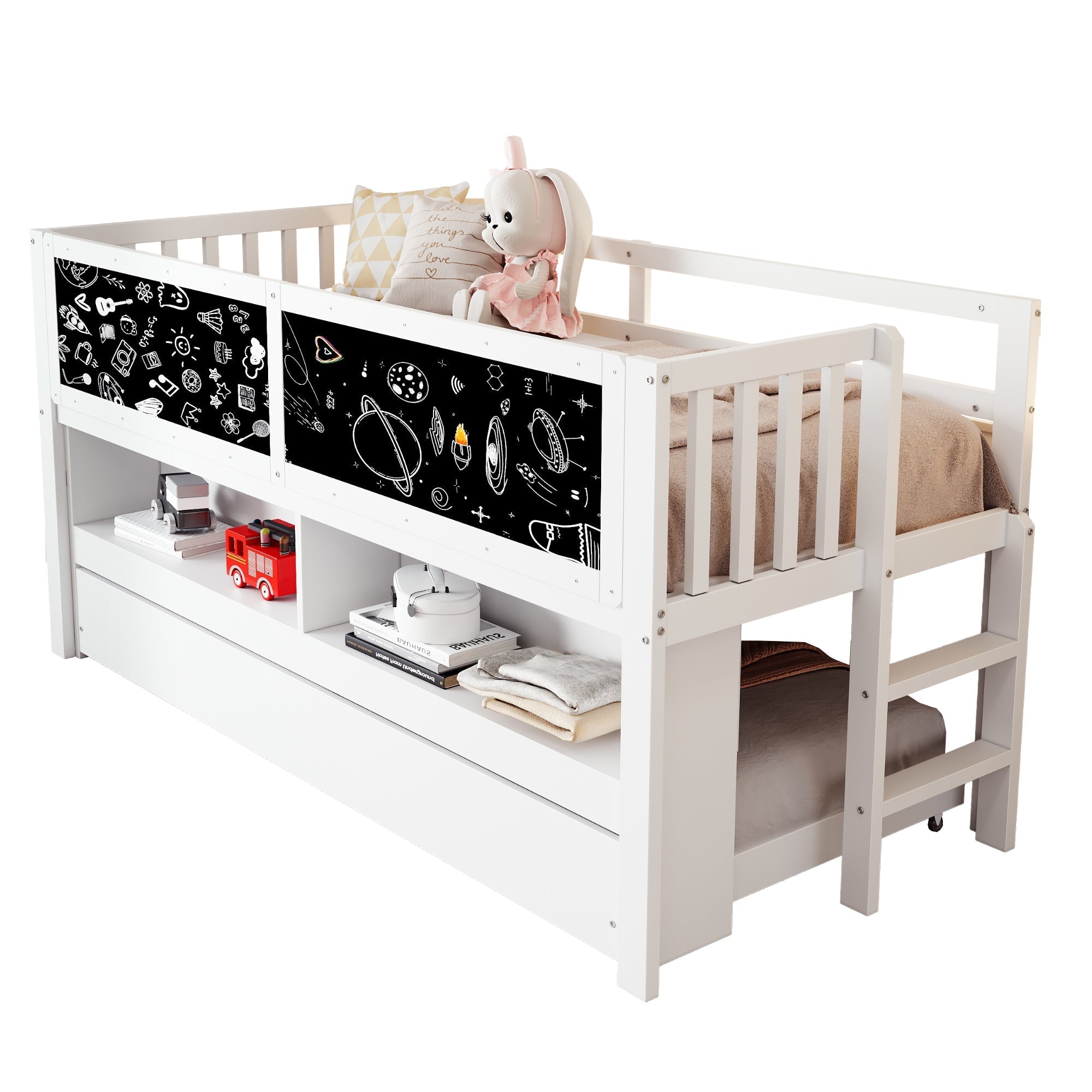Children's House Bed 90x200 Extendable Chalkboard Storage Climbing Ladder - Solid Wood White