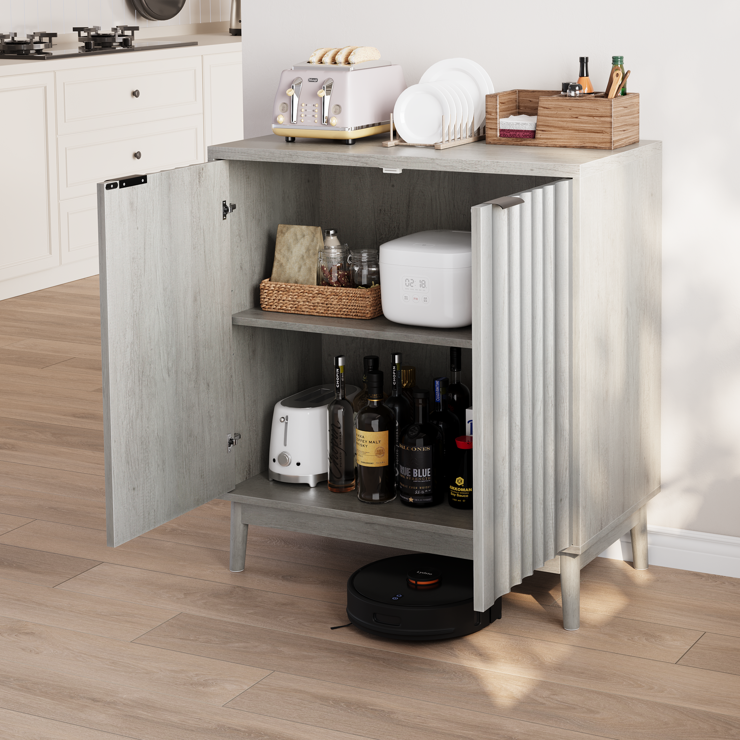 Grooved Edge Cabinet, Independent Wash Buffet with Adjustable Shelves, Wooden, Gray