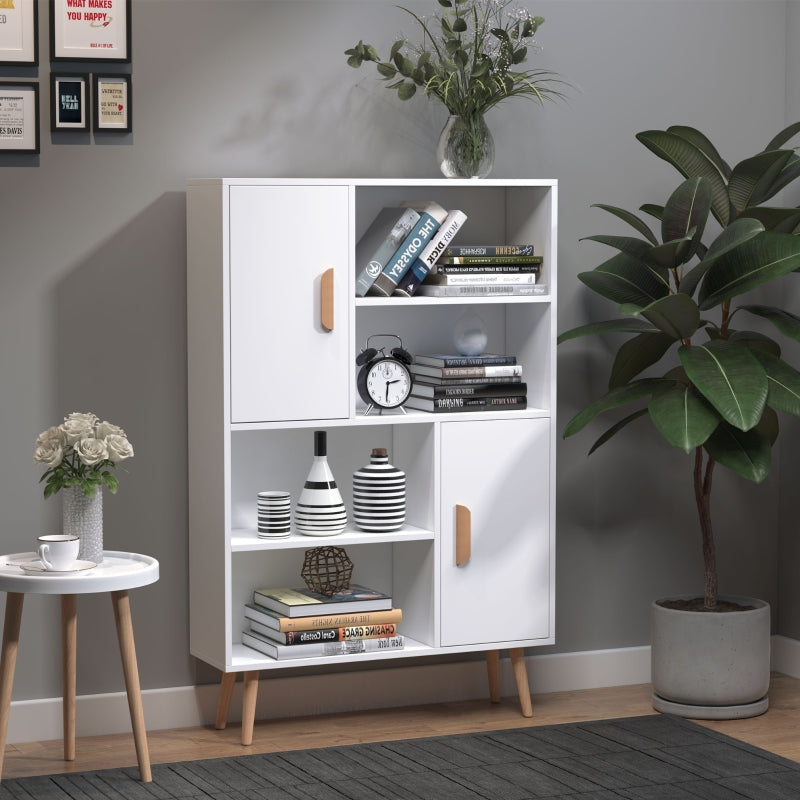 Sideboard Bookshelf Storage Cabinet w/ Adjustable Shelves, Wooden Leg, Two Doors, White