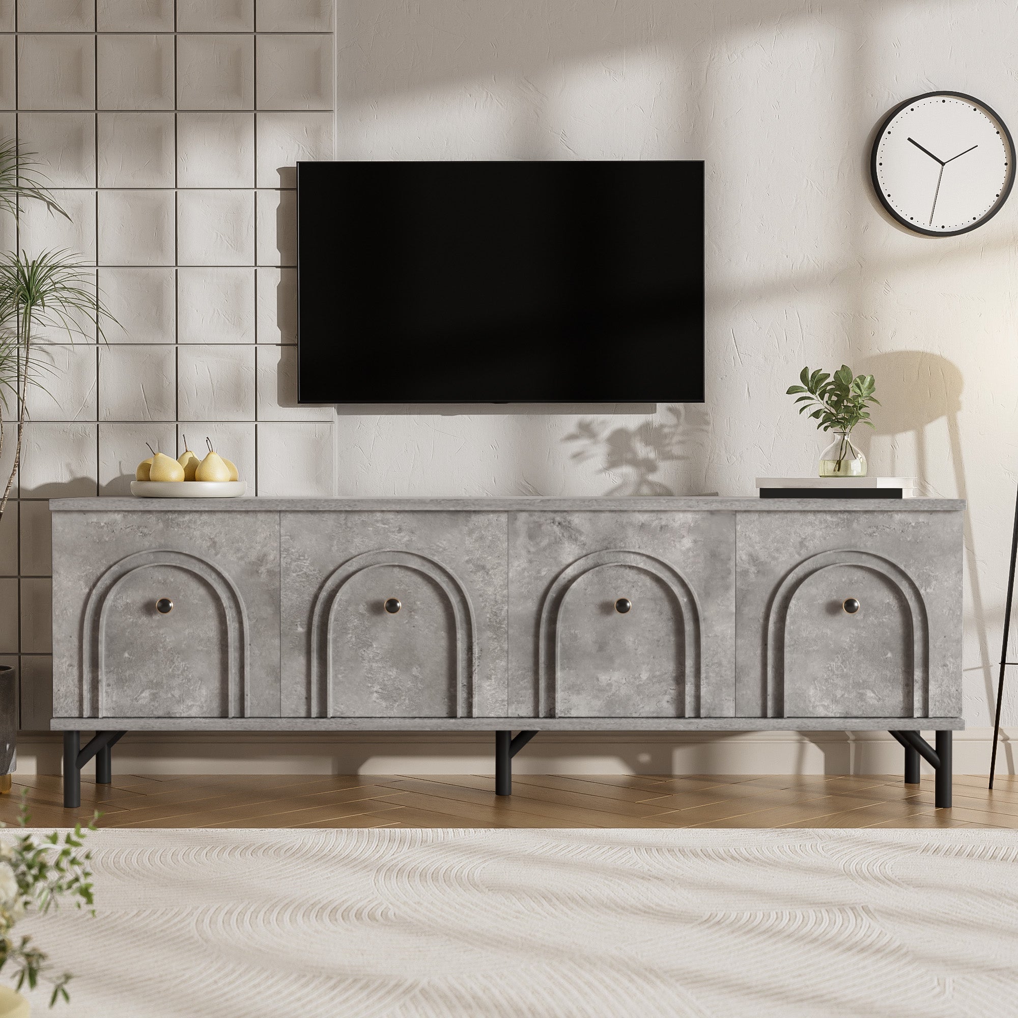 TV Stand, 4-Door 160 cm, Stylish Design, Soft-Close Hinges, Grey