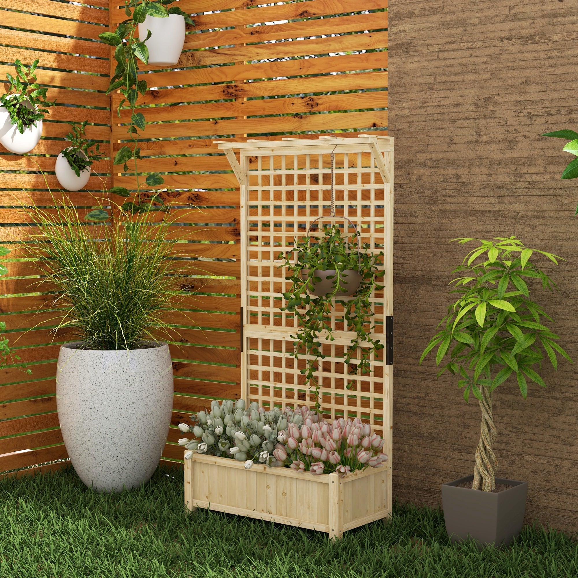 Raised Bed Planter with Trellis and Drainage, Wood Natural