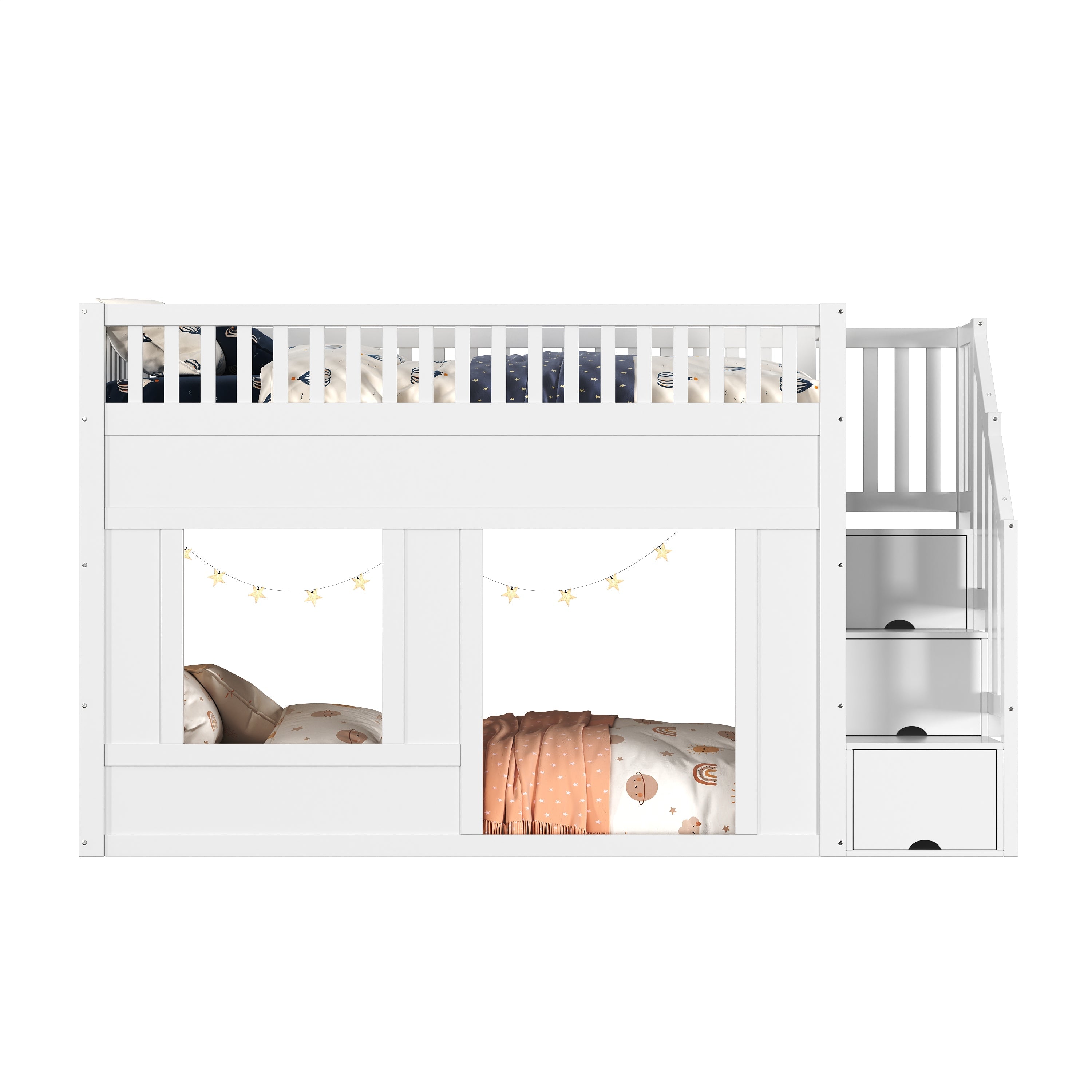 Bunk Loft Bed with Staircase Wardrobe and Convertible Play Area, 90x200cm, White