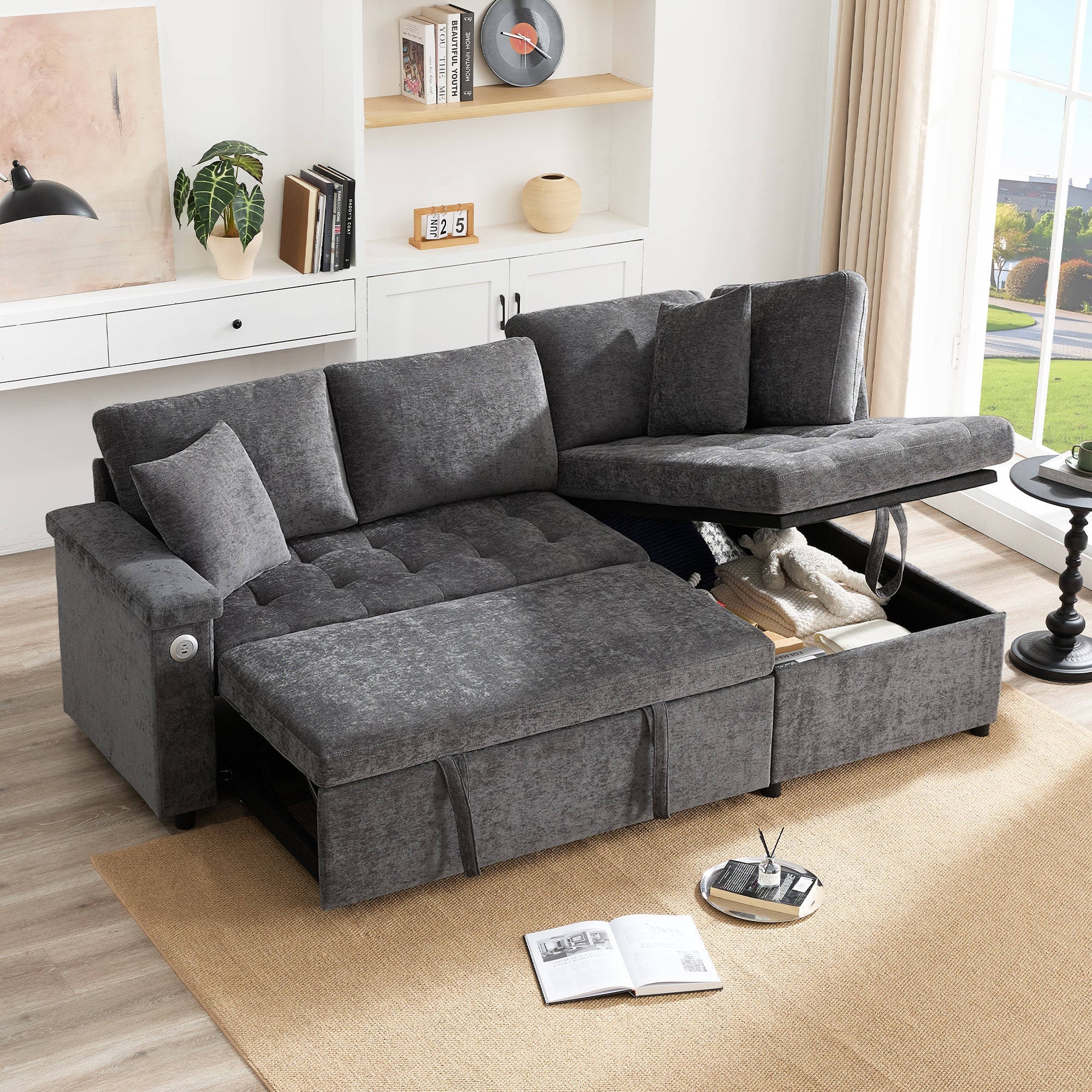 Modern L-shaped Sofa Bed, Pull-out Storage USB Charger Armrest Shelf, Grey