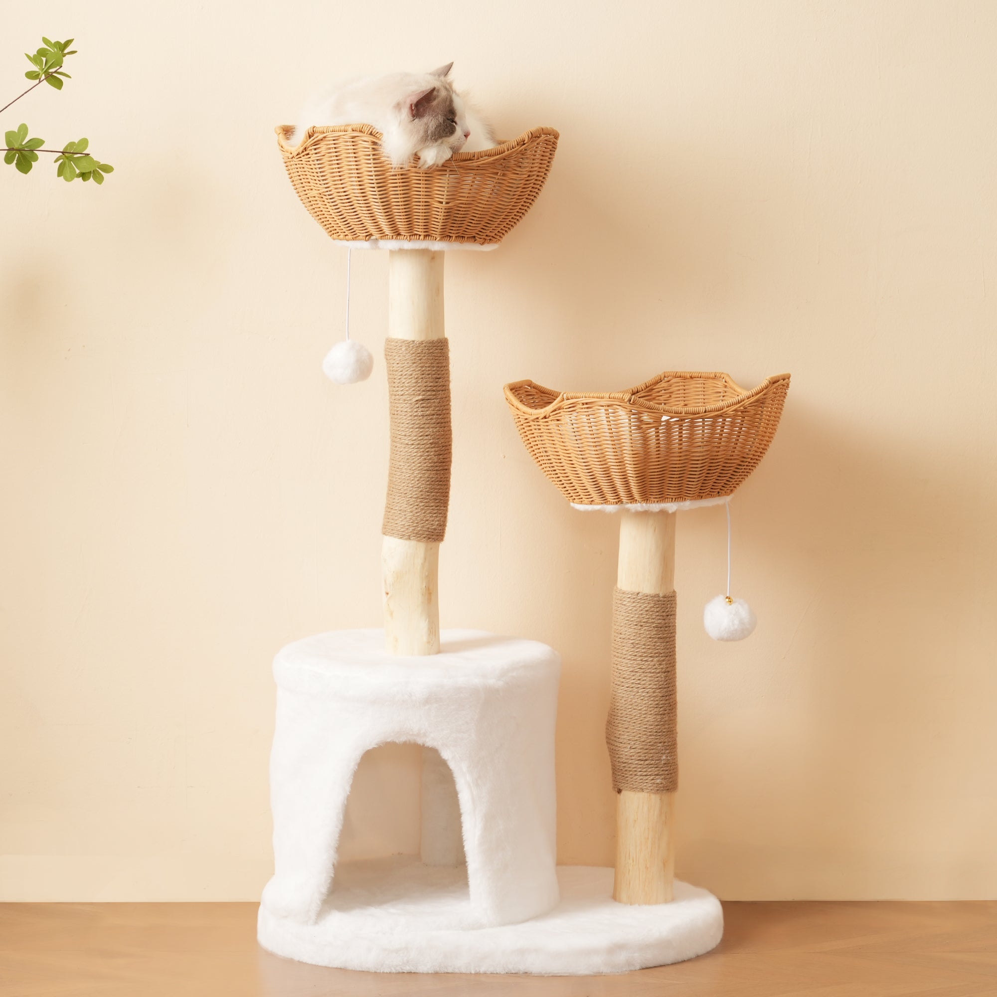 Solid Wood Cat Tree 108cm, Scratching Post 2 Baskets & Cave for Large Cats, Natural Wood & Sisal