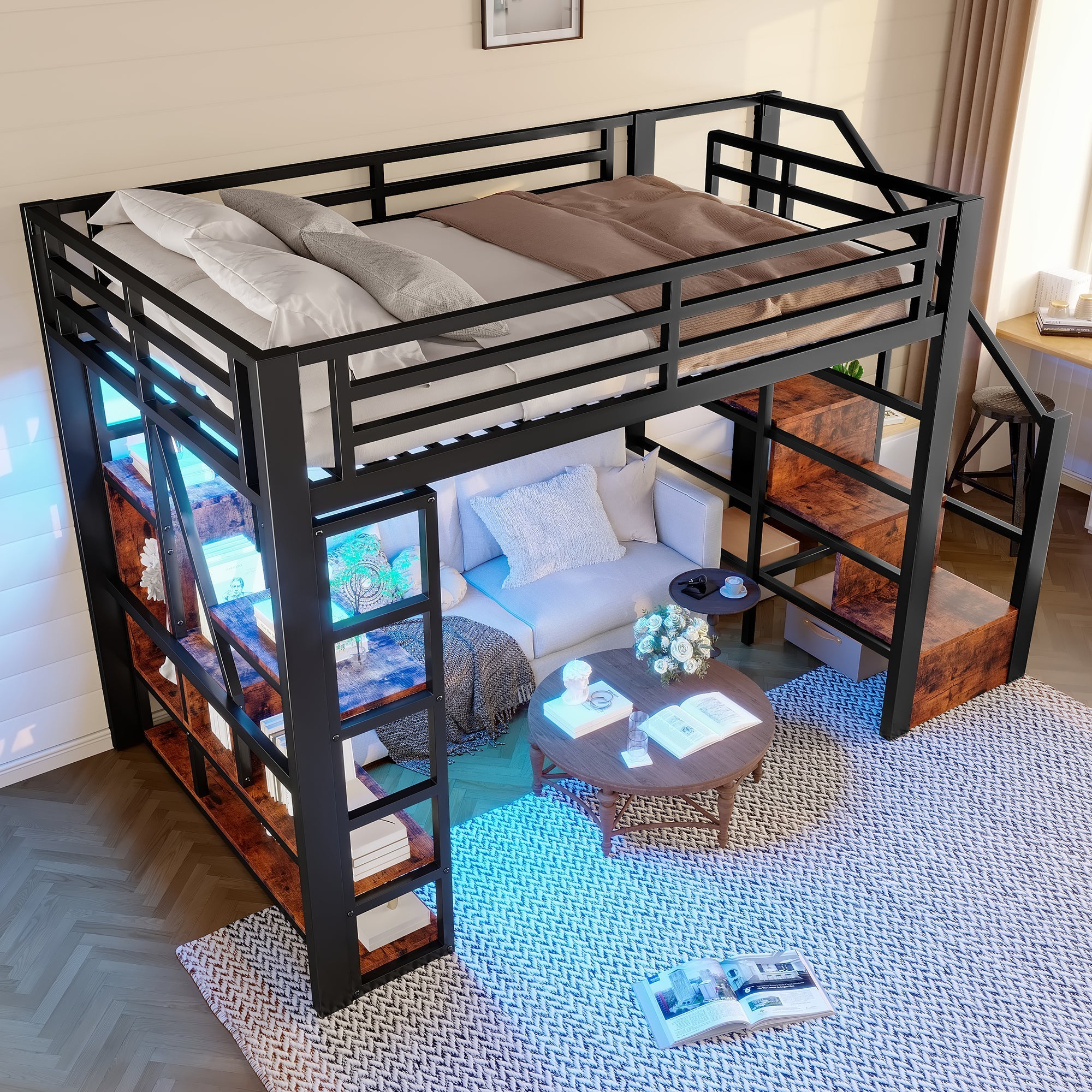 Loft Bed 140x200cm Iron Frame, Storage, Steps, LED, Black