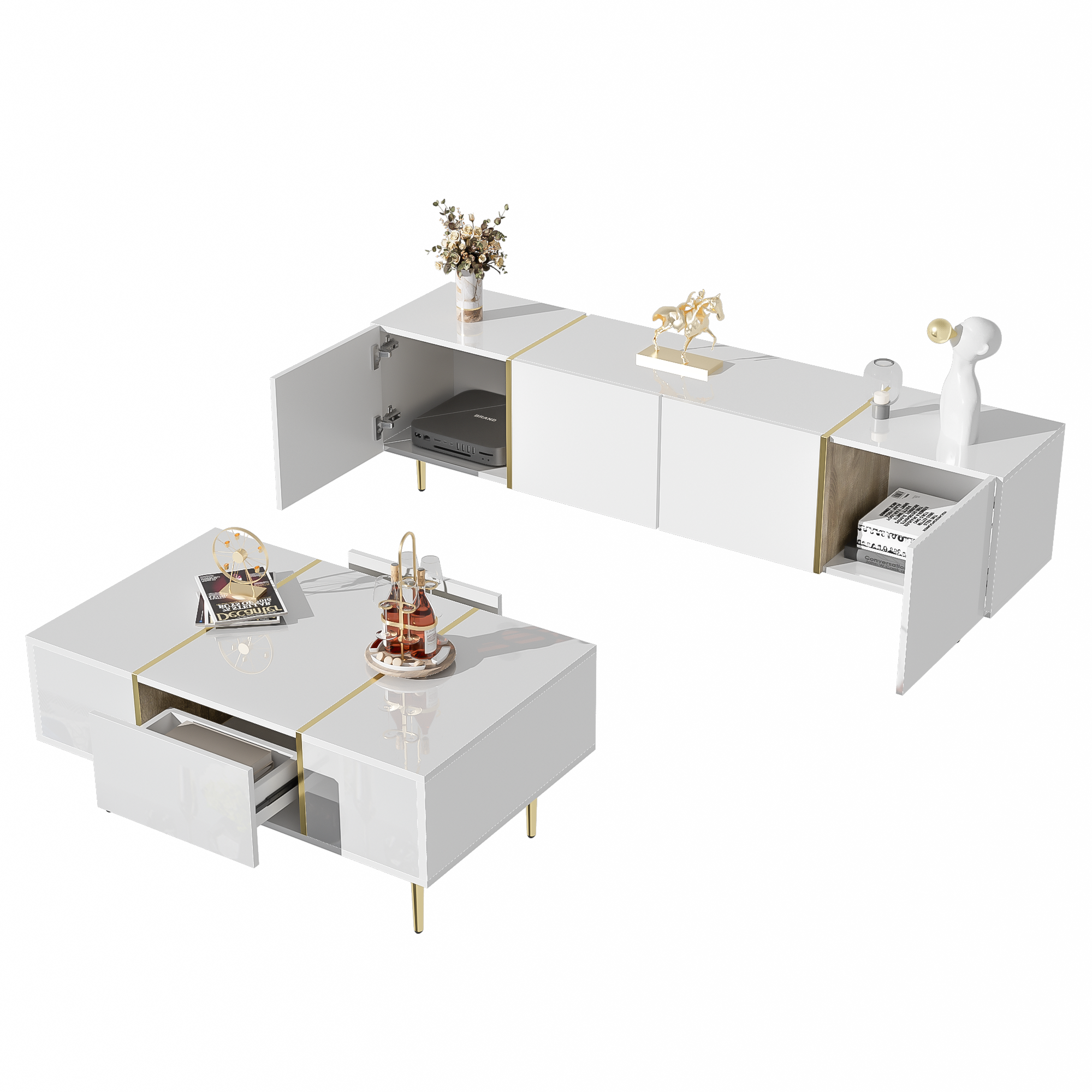 TV cabinet and coffee table set, modern high-gloss white