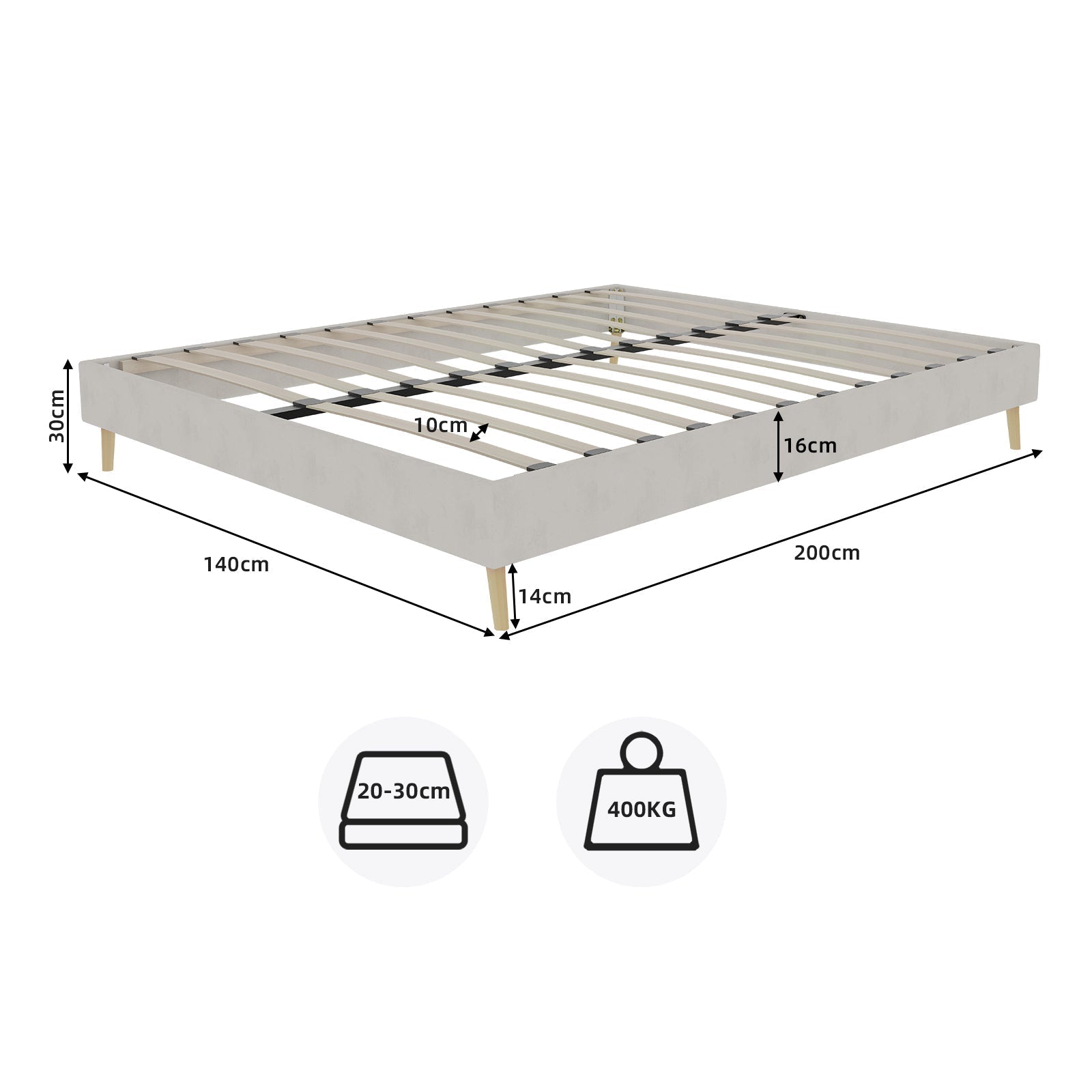 Modern Minimalist Bed Frame 140x200cm Low-Profile Dutch Velvet Beige