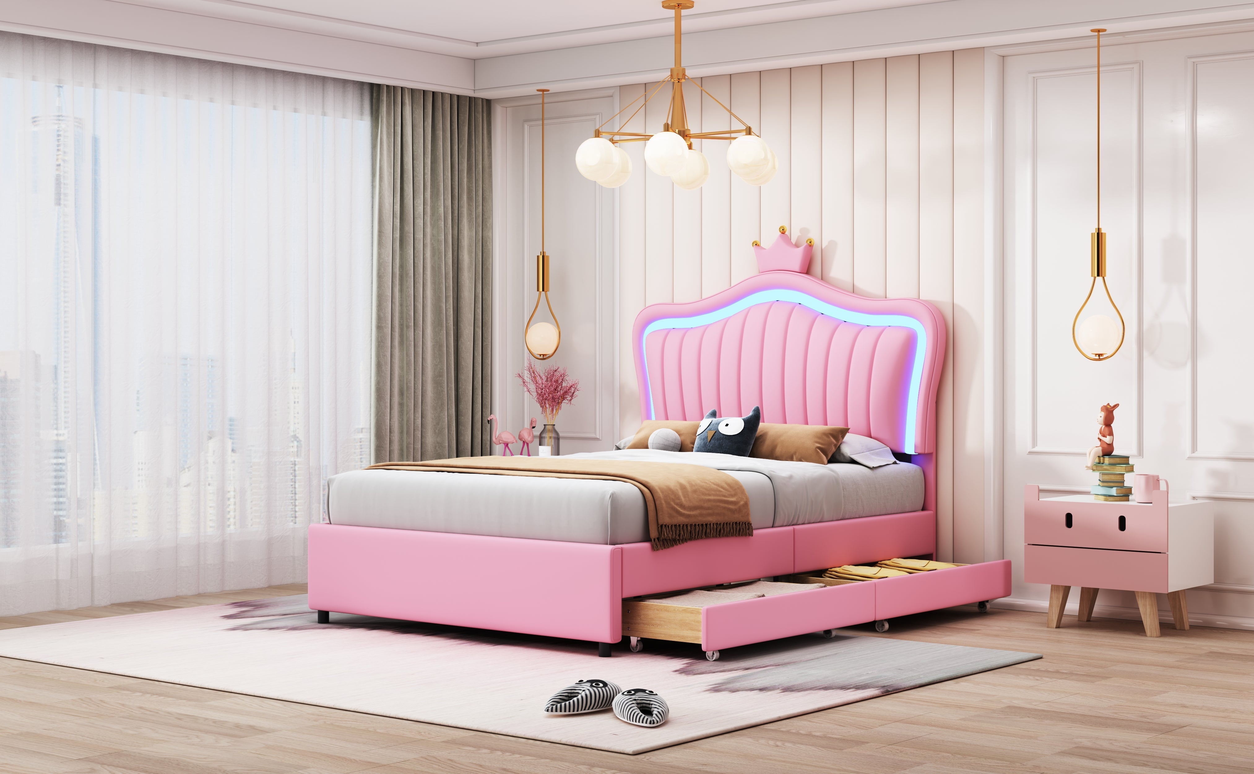 Children's Bed, Upholstered with Storage Drawers & LED Lights, Pink PU Leather