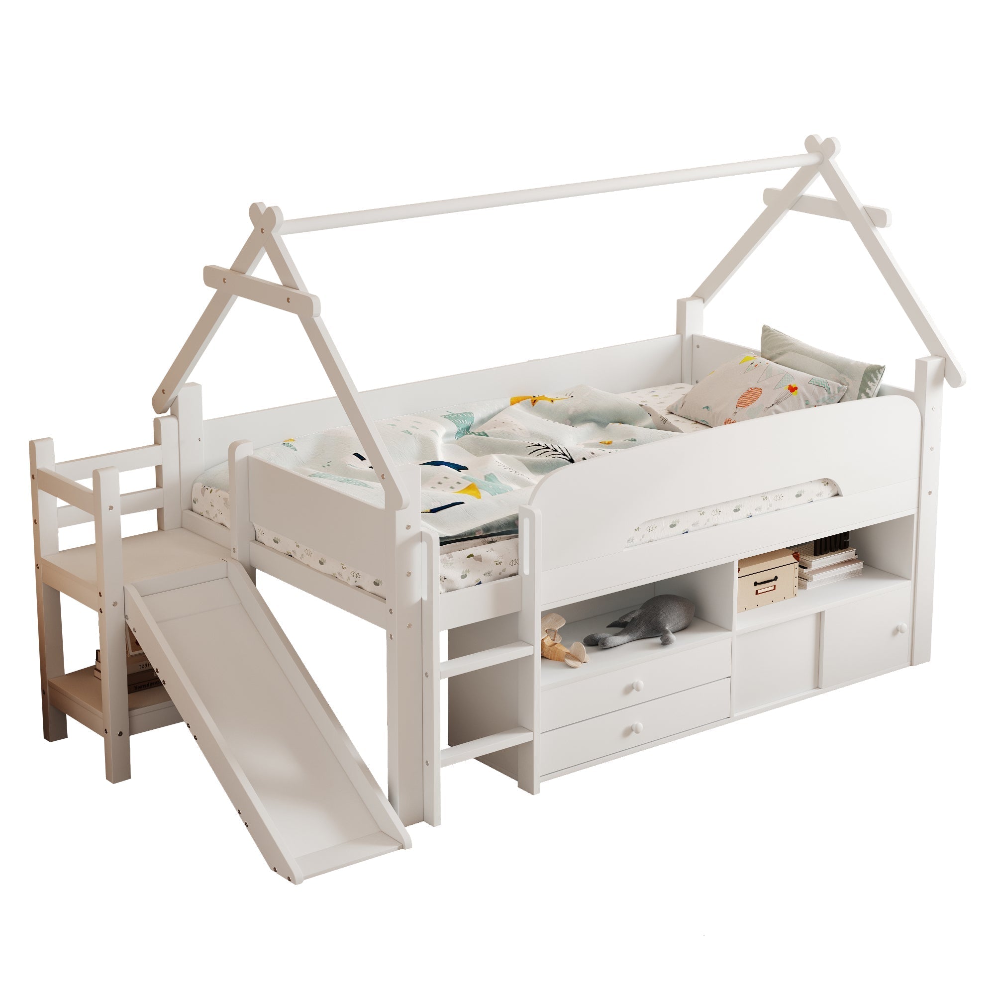 Children's Loft Bed with Roof Frame, Slide, and Storage, White Solid Wood