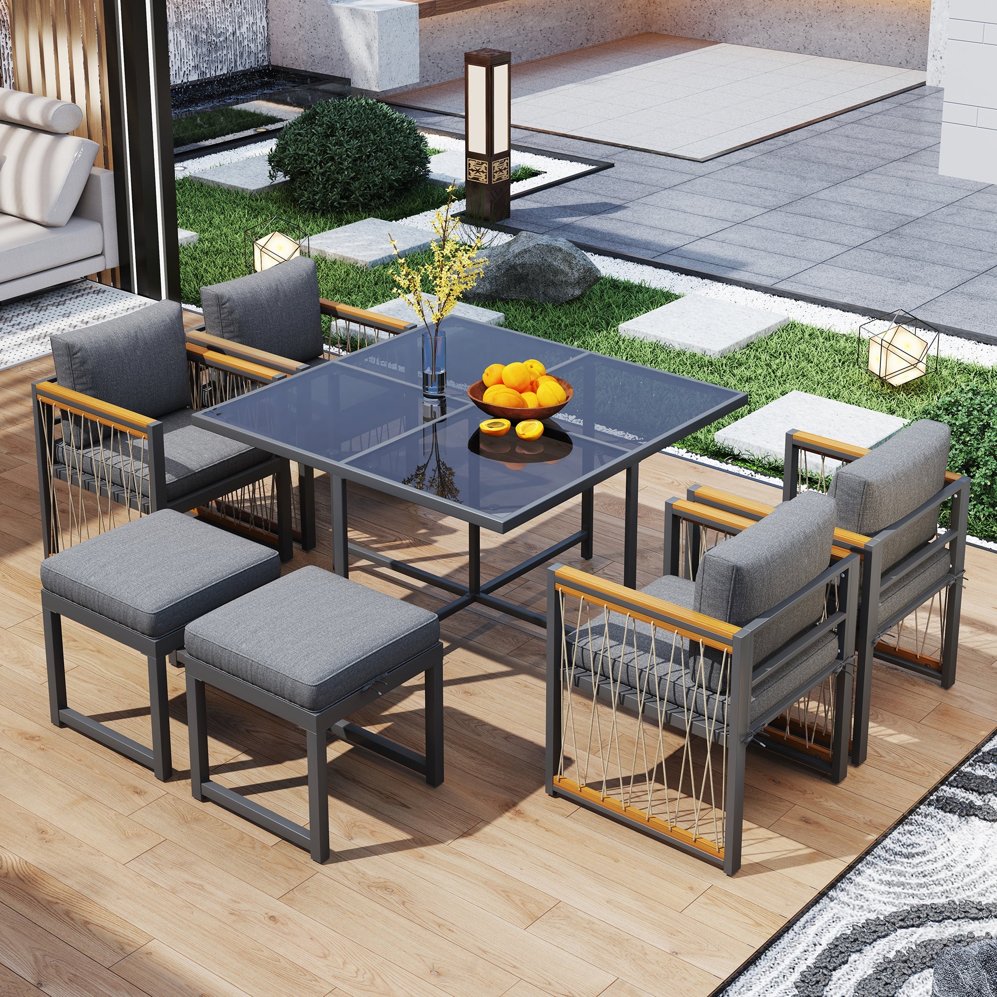 7-Piece Outdoor Dining Set for 6, Tempered Glass Table, Acacia Wood