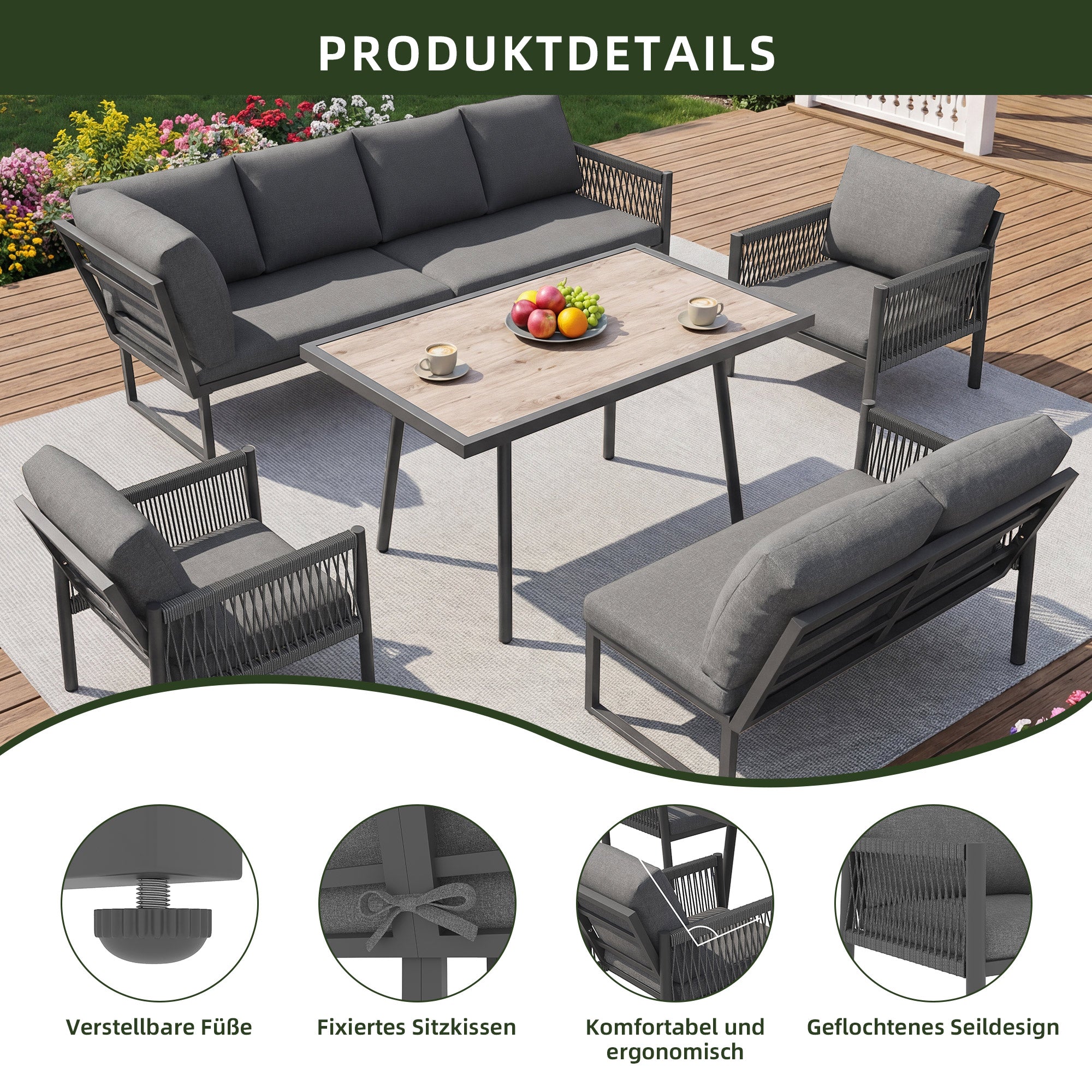 L-Shaped Garden Lounge Seating Group with Table and 2 Armchairs, Seats 7-8, Grey