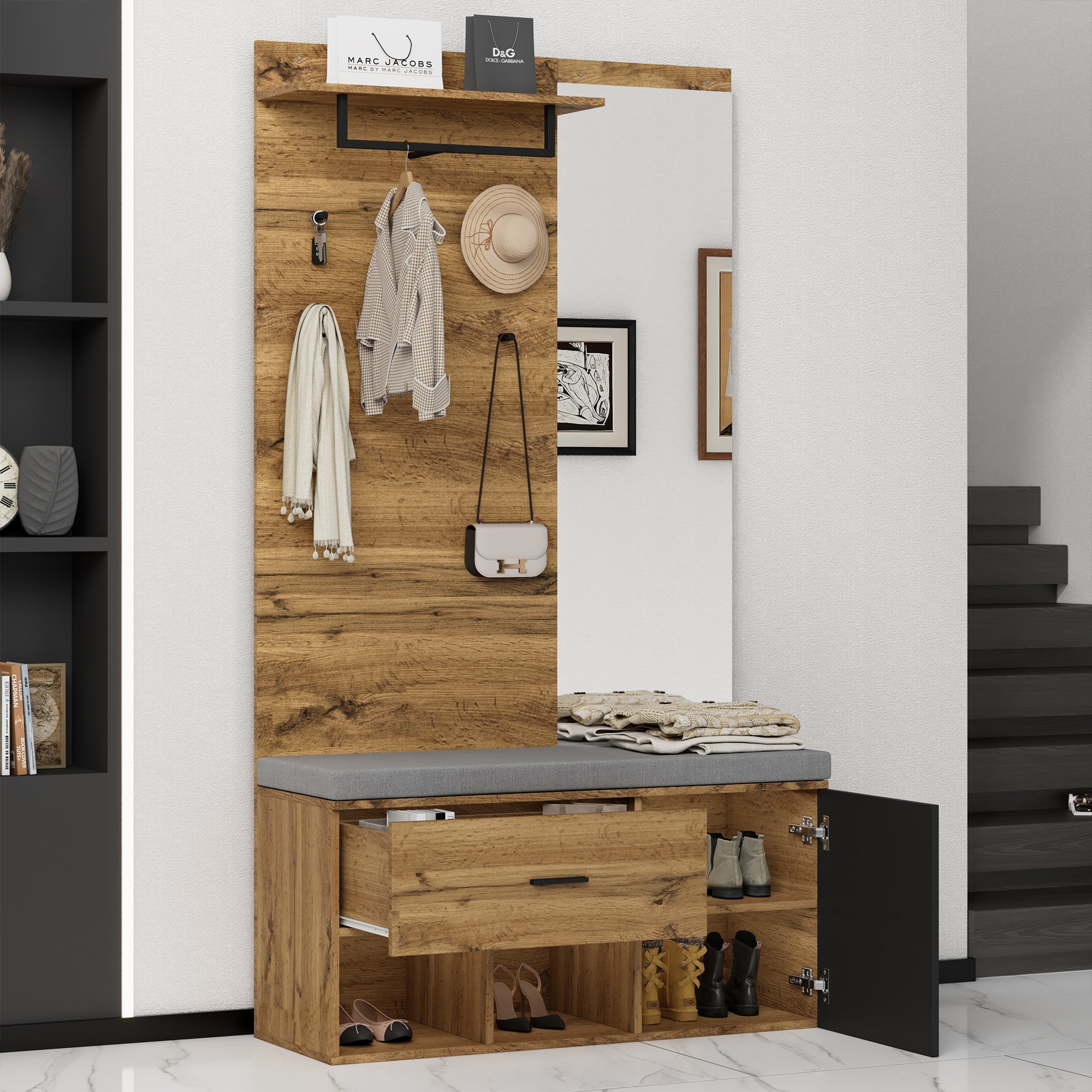 Wardrobe Set with Mirror, Shoe Bench, & Storage - 190 cm High, Wood Look