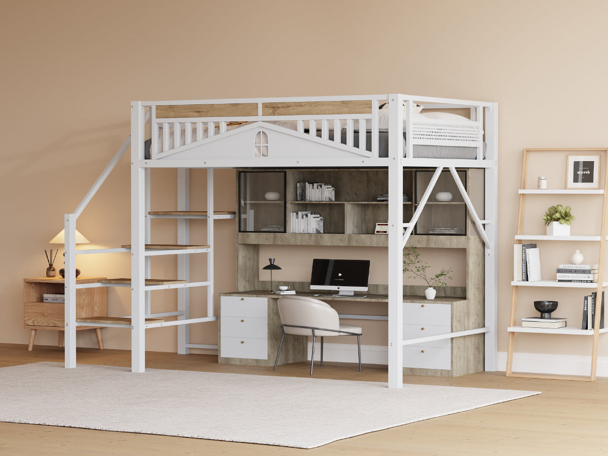 Metal Loft Bed, 140x200cm with Window Design, Safety Ladder, Storage, White