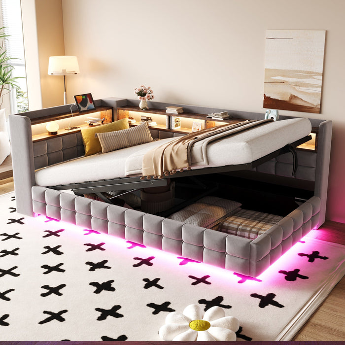 Multifunctional Upholstered Sofa Bed with Hydraulic Storage, LED and USB Ports, Light Grey Velvet