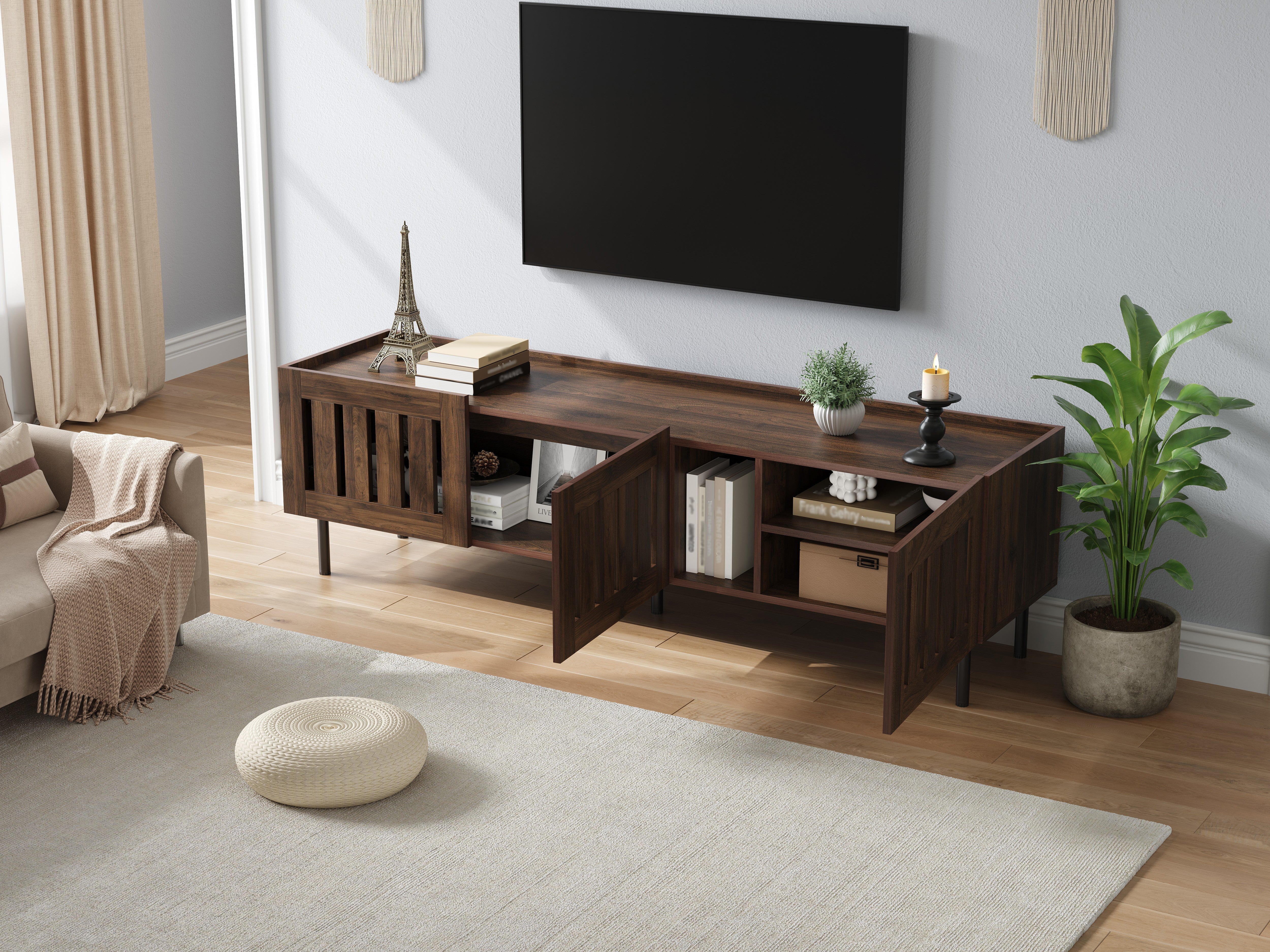 Lowboard Minimalist TV Stand 160cm for 65-inch TV Walnut Wood Finish