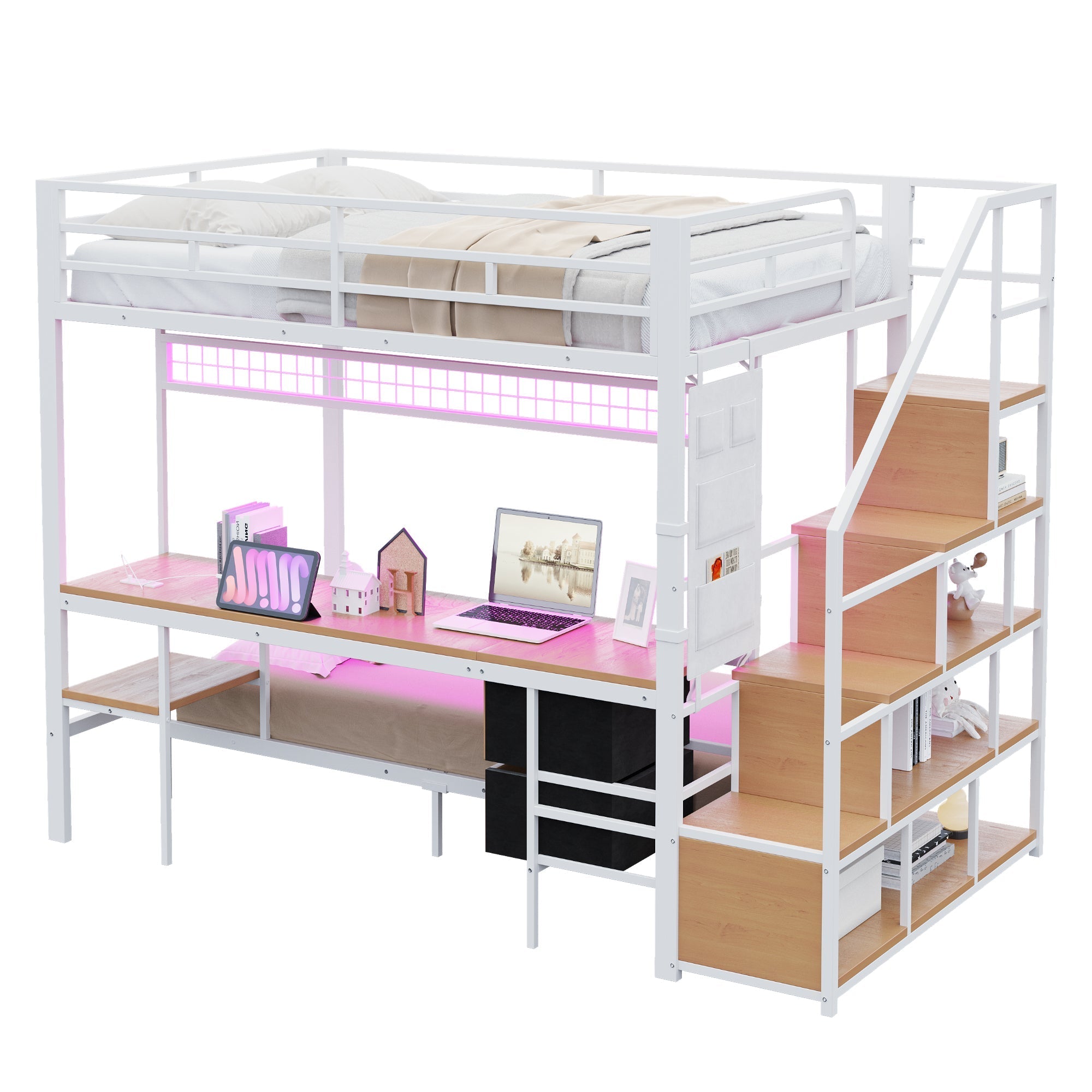 Metal Loft Bunk Bed with Desk LED Storage 140x200/90x200 White