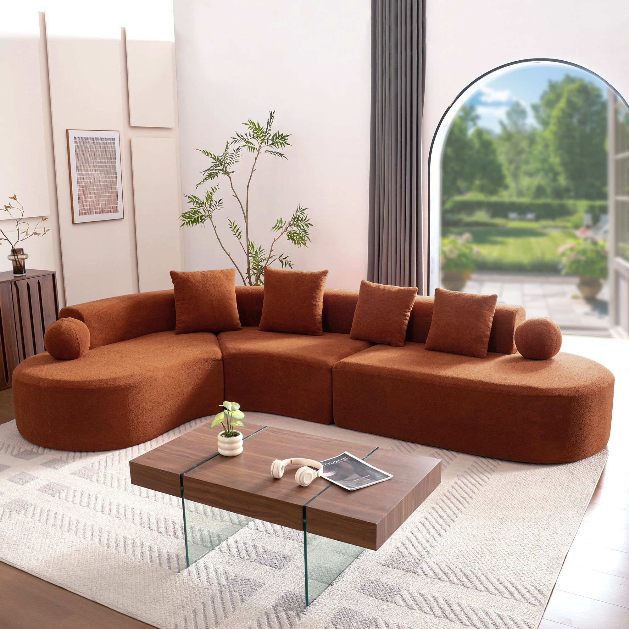 L-Shaped Sectional Cloud Sofa with Arched Design and Thick Padding, White Fabric