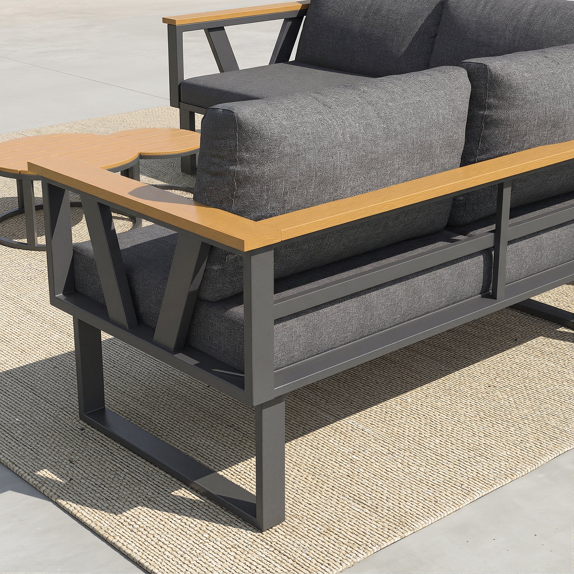 Modular Outdoor Seating Set with 9cm Cushions and 2 Wooden Tables, Grey/Beige