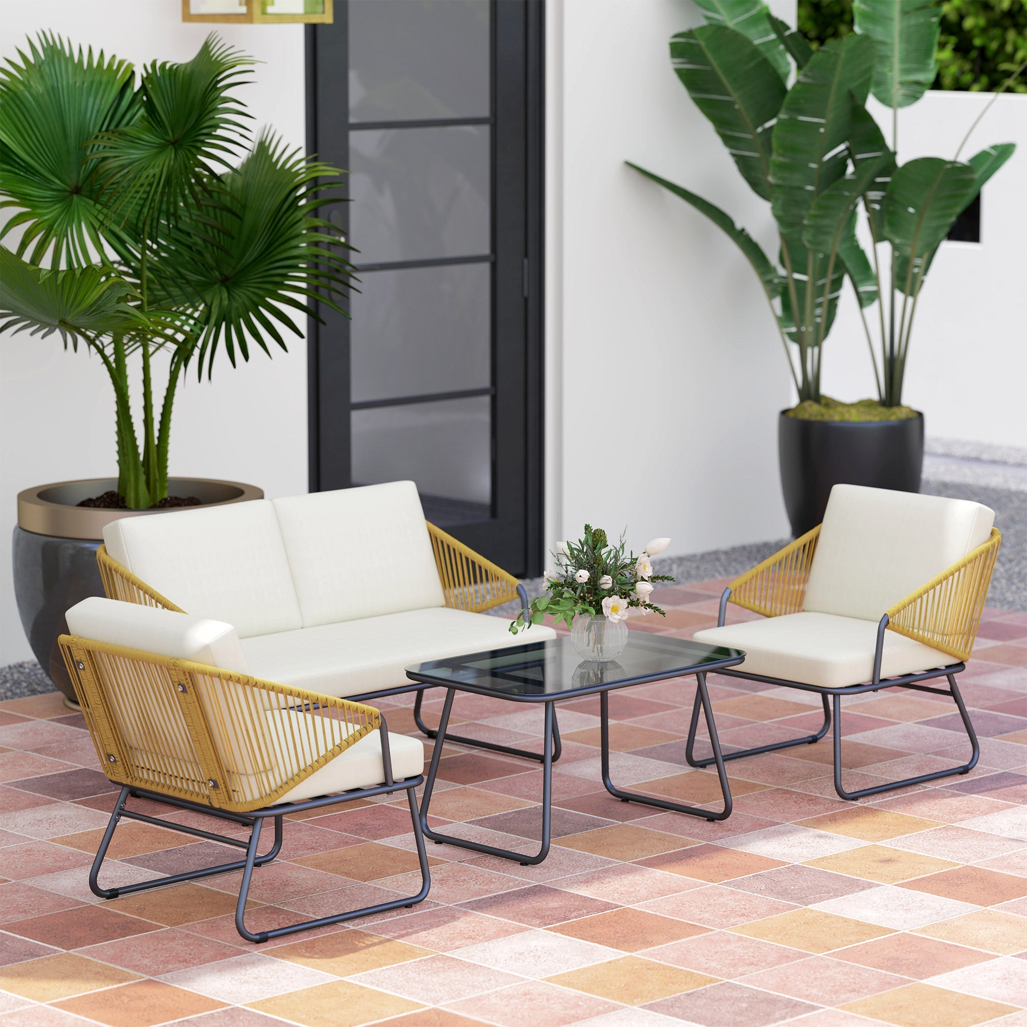 Outdoor Sofa Set, Four-Piece Strong Panel Rattan - Natural