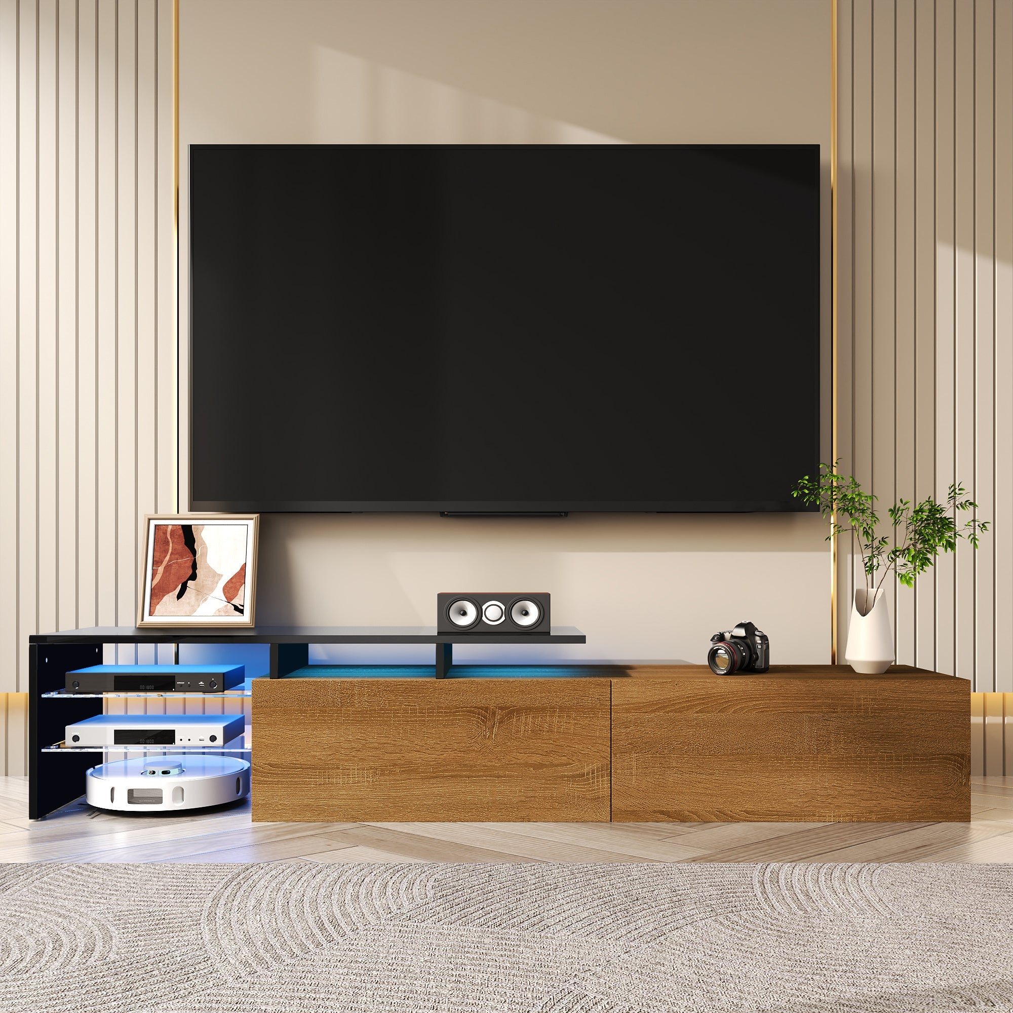 TV Cabinet: Modern, Elegant, Practical Storage, Black Wood Look, Glass, LED