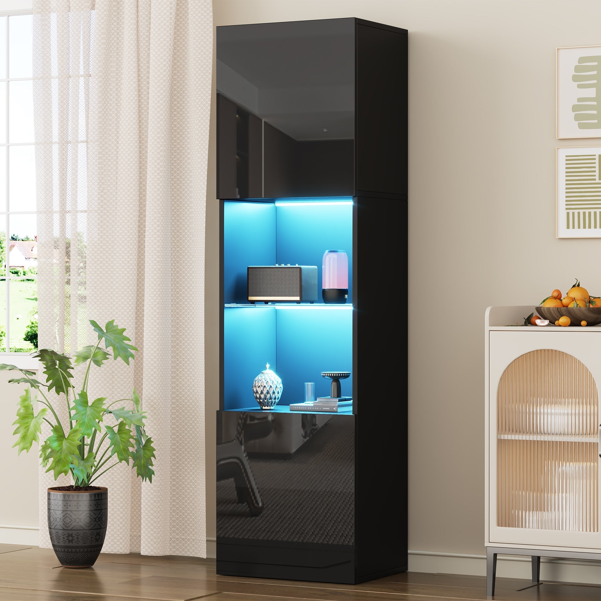 Display Cabinet, Freestanding with LED Lighting, 1 Glass Shelf, Black