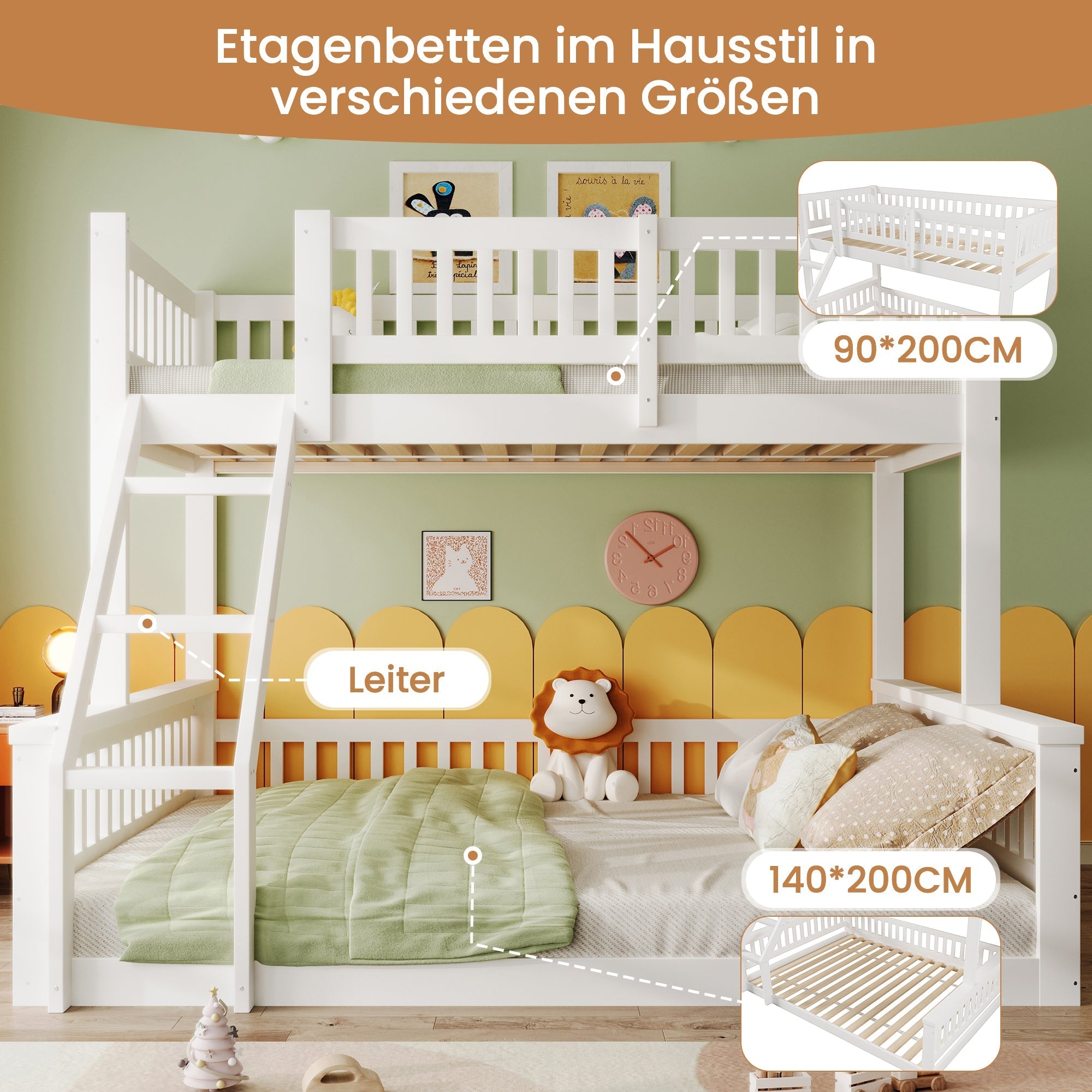 Bunk Bed 90x200cm/140x200cm Mixed Size with Ladder & Rail White