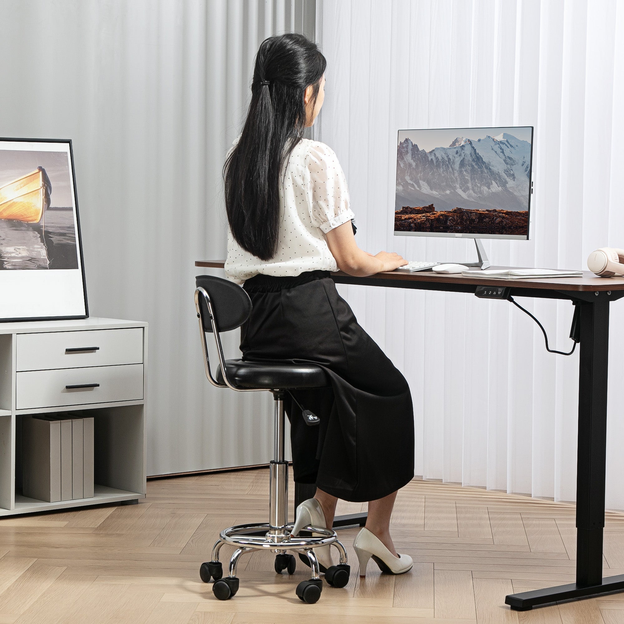 Rolling Stool, Height-Adjustable Swivel with Backrest & Wheels, Faux Leather Black