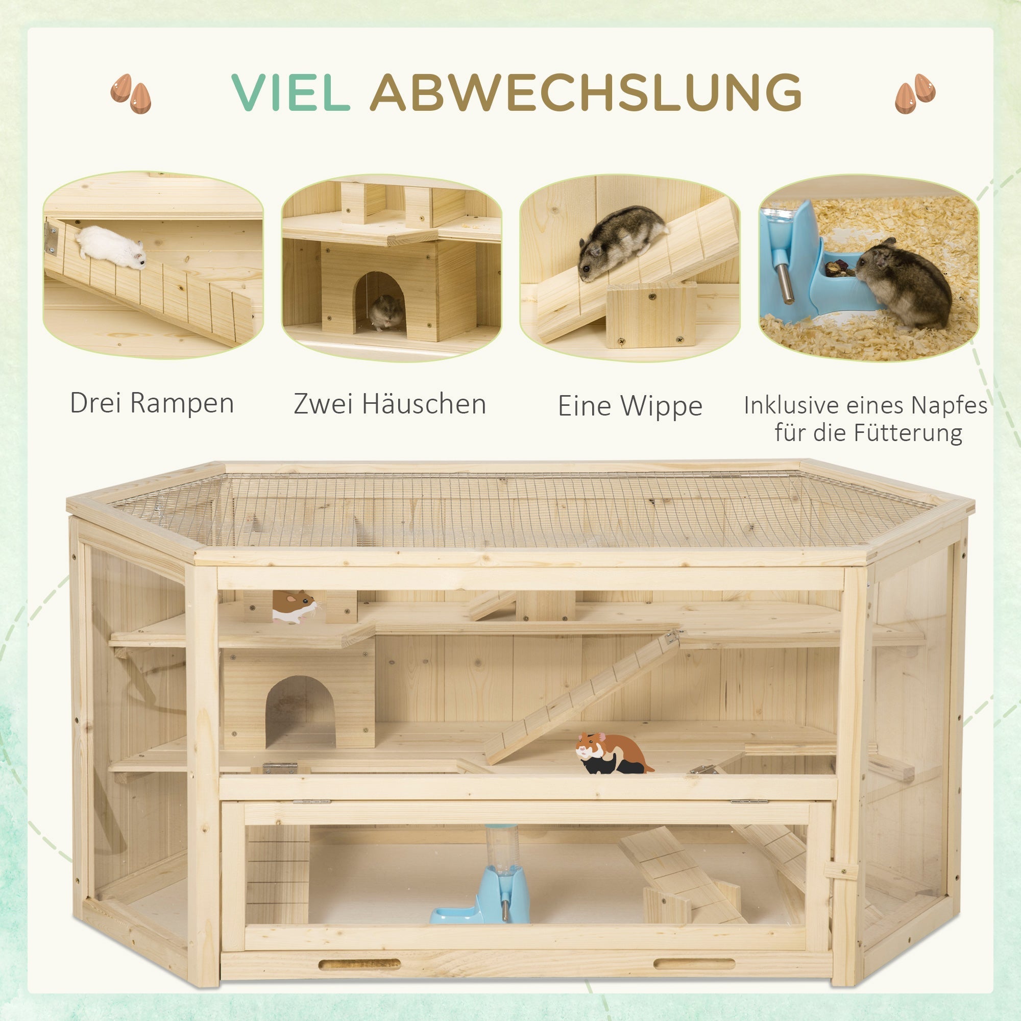 Small Animal Cage, Hamster Rodent with Ramp Seesaw, Fir Wood