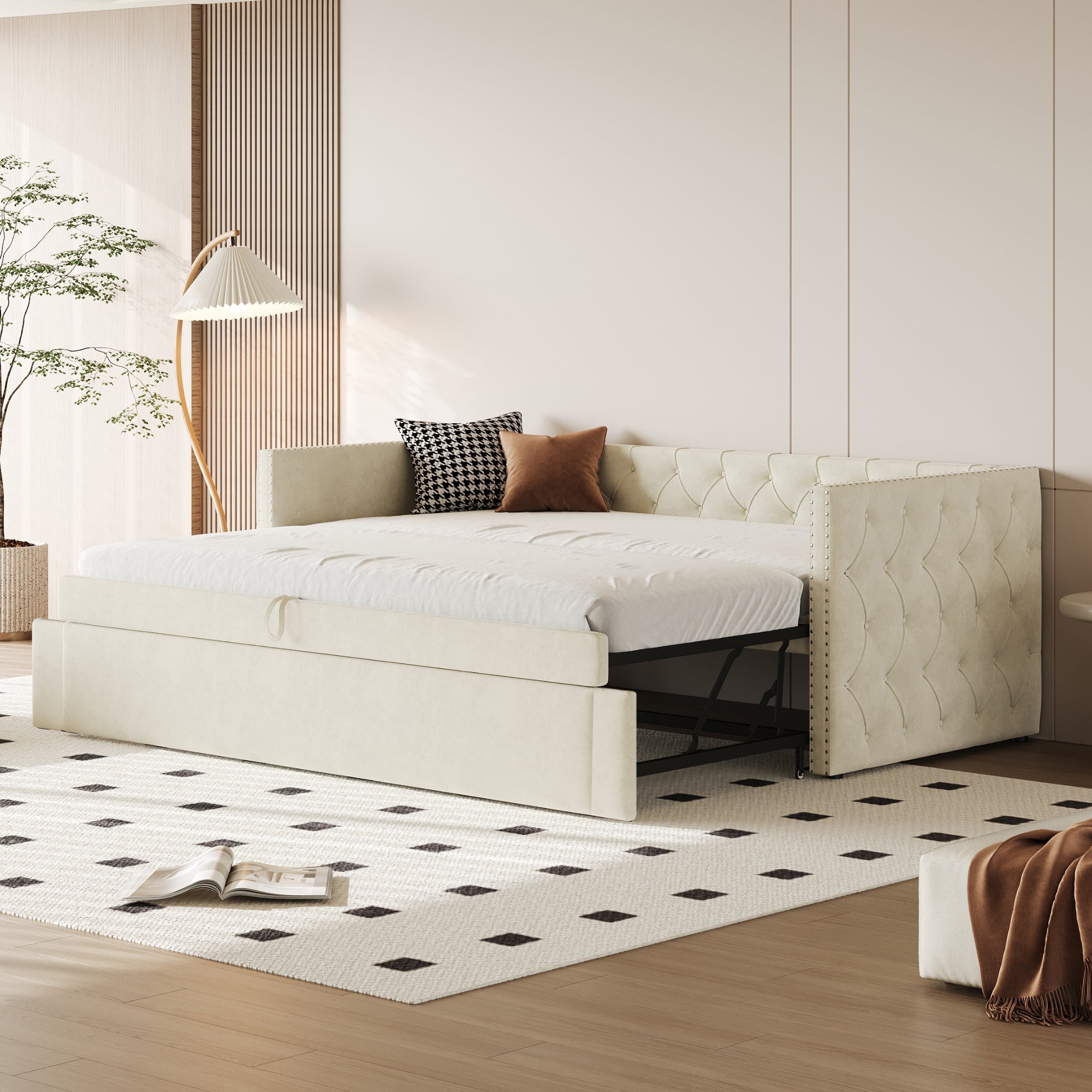 Upholstered Sofa Bed 90x200cm Extendable Guest Bed - Velvet Beige