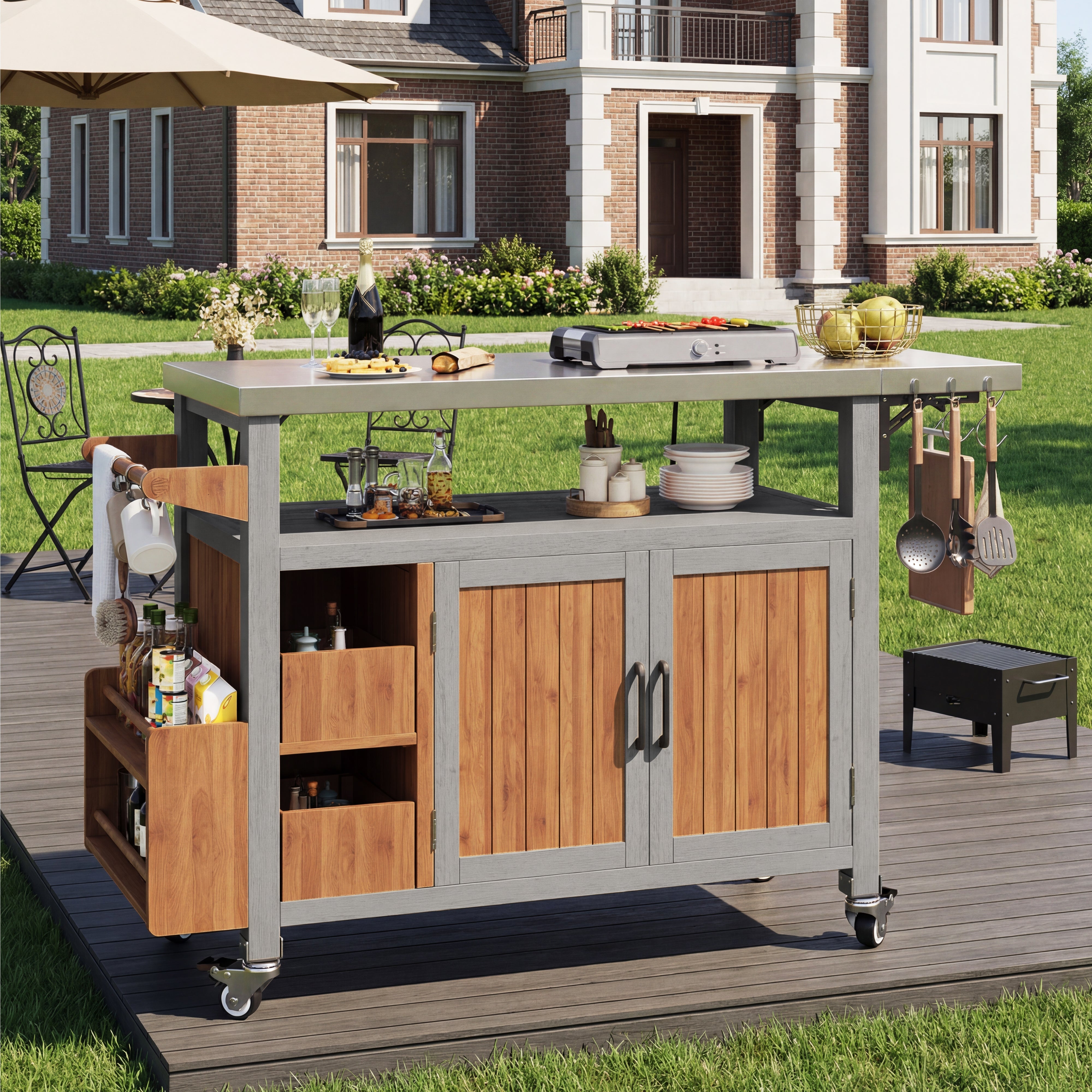 BBQ Side Table with Stainless Steel Worktop and Pull-out Shelf, Solid Wood
