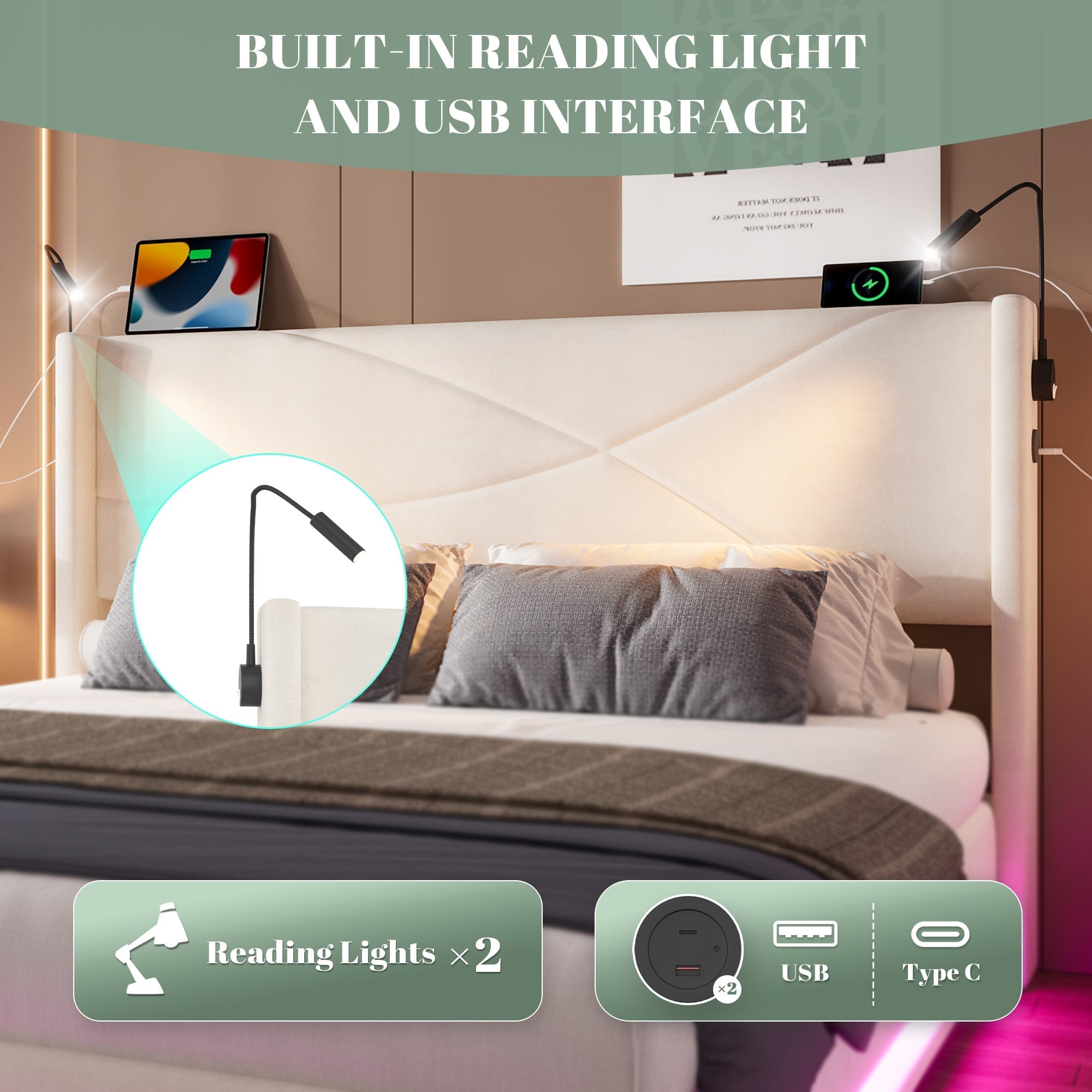 Modern Bed Frame, Reading Lamps, LED Lights, Hydraulic Storage, USB & Type-C Ports, Beige
