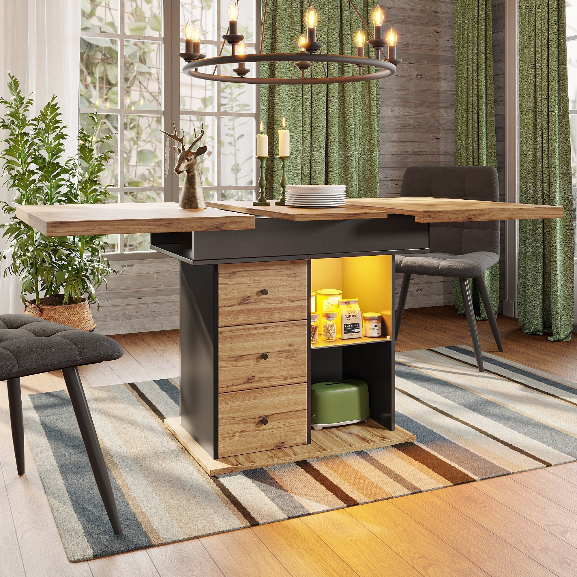 Telescopic Dining Table with Extendable Top and LED Lighting, Black
