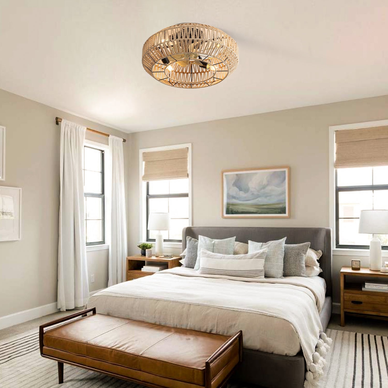 Boho Cage Ceiling Fan, 22-inch, 6 Speed, Reversible DC Motor, Rattan Weave