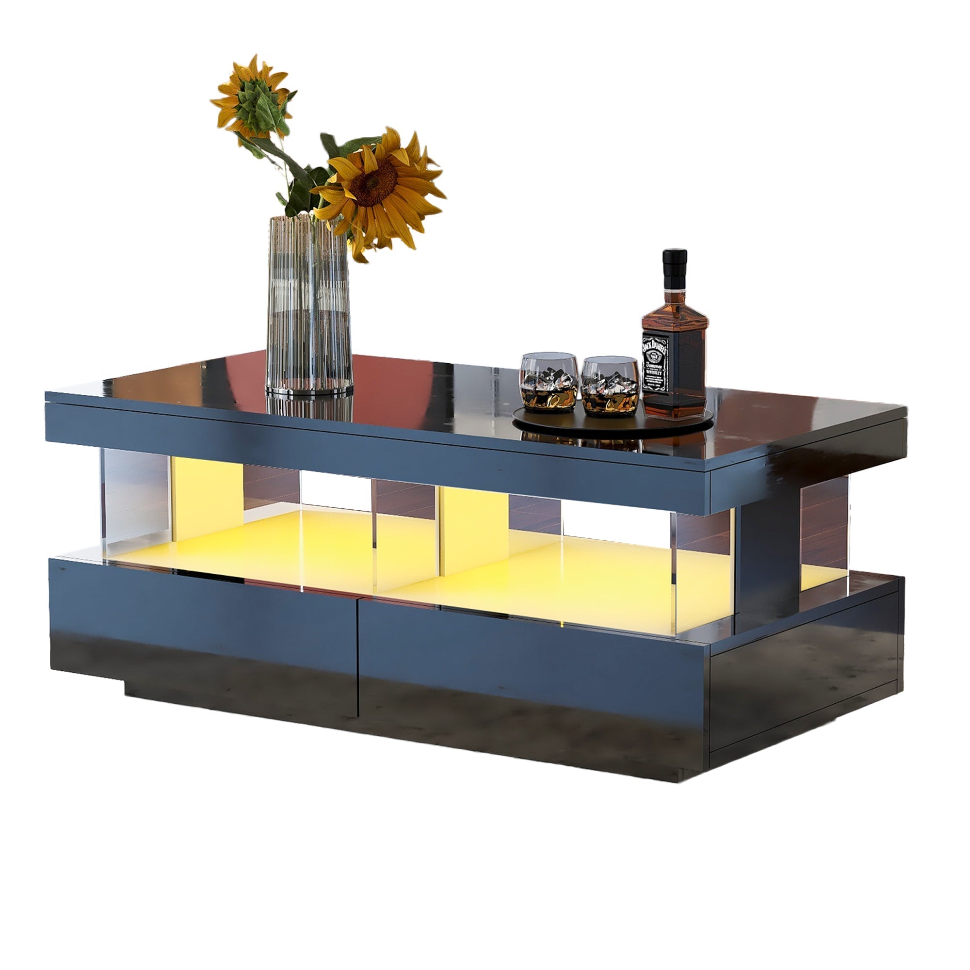 Coffee Table High Gloss with 16-Color LED Lights, 2 Drawers, Open Storage, Black